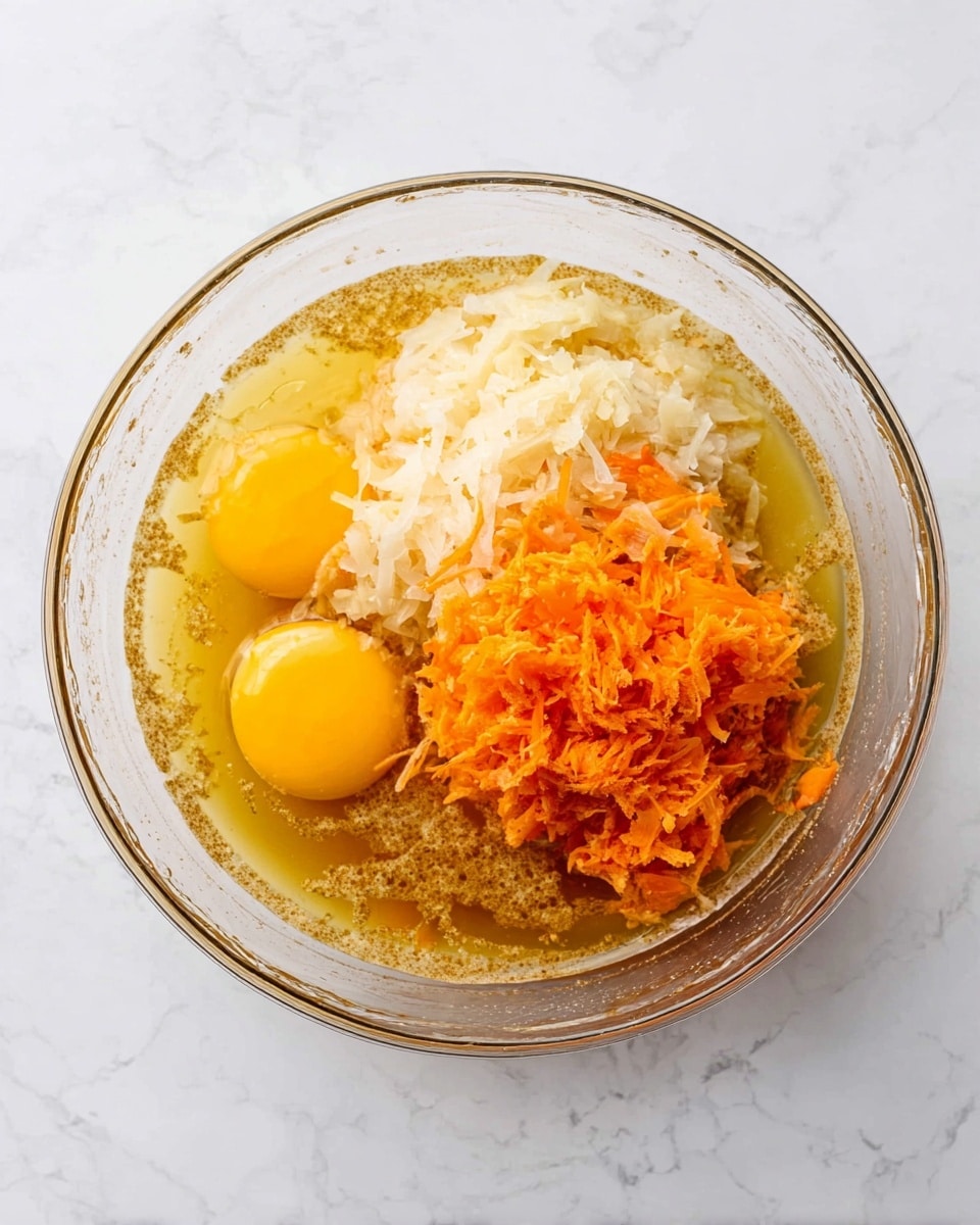 A clear glass bowl with several layers of ingredients on a white marbled surface. The bottom layer is a light golden liquid, around it sit two whole raw eggs with bright yellow yolks positioned near the top edge. On one side of the bowl there is a pile of pale, shredded white ingredient. Next to it, in the middle, is a mound of bright orange shredded ingredient. The mixture of textures and colors creates a fresh and ready-to-mix look. Photo taken with an iphone --ar 4:5 --v 7