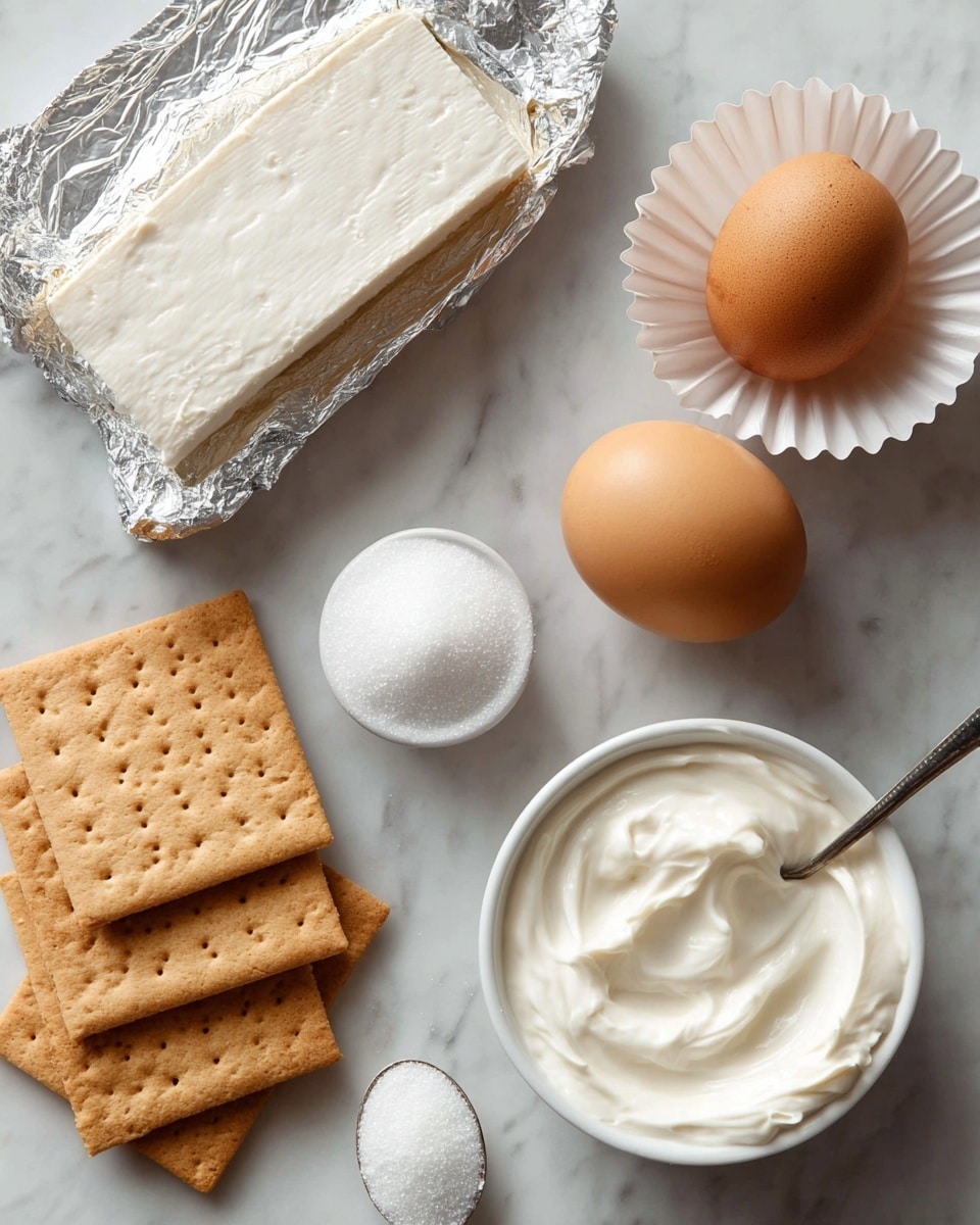 The image shows ingredients laid out on a white marbled surface. There are two brown eggs, one placed in a white paper cup and the other in a small white bowl filled with sugar. Near them, there is a stack of light brown crackers in two groups. A silver spoon holds a white powder, likely baking powder or baking soda, resting next to a white bowl filled with smooth, white cream. In the top left corner, a partially open silver foil package reveals a block of soft, white cream cheese. photo taken with an iphone --ar 4:5 --v 7