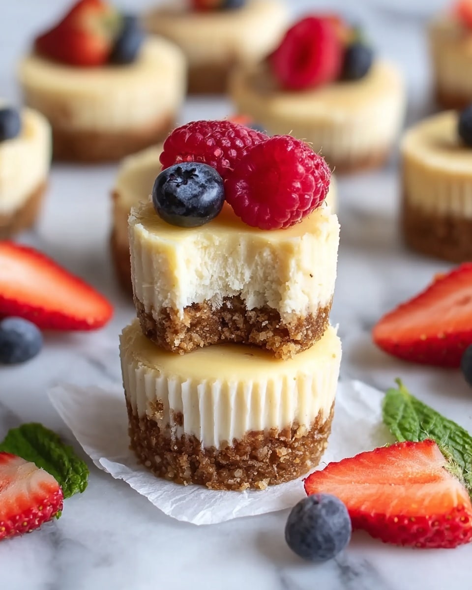 The image shows a stack of three small cheesecakes on white marbled paper, each cheesecake has two layers: a brown crumbly base at the bottom and a creamy light yellow top layer. The top cheesecake has a bite taken out, revealing the smooth texture inside. On the top of the stack, there are three berries: one red raspberry and two dark blueberries. Around the stack, there are scattered strawberries (sliced in half), raspberries, blueberries, and green leaves. In the background, more small cheesecakes with the same layers and berry toppings are visible. Photo taken with an iphone --ar 4:5 --v 7