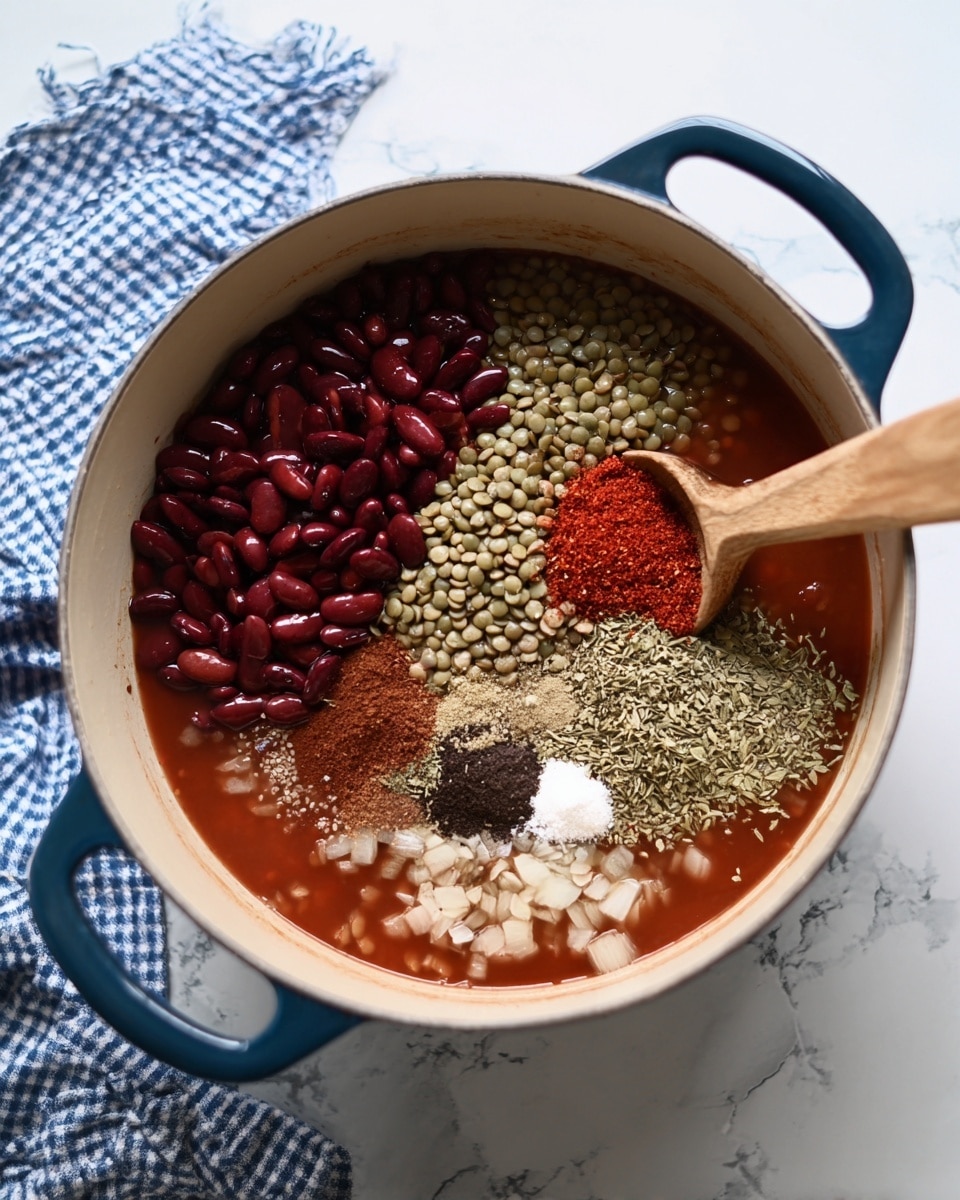 A white pot with dark blue handles is shown from above containing multiple ingredients layered separately in a reddish broth. At the top left, dark red kidney beans cluster closely together. Just below the beans, pale green lentils form a large mound stretching toward the center. To the right of the lentils, a pile of red chili powder sits near dried green herbs, brown cocoa powder, black pepper, and bright white salt, all arranged next to each other. Small bits of white onion float in the liquid around the edges. A wooden spoon rests on the right side of the pot, partially stirring the ingredients. The pot sits on a white marbled surface with a blue and white checkered cloth partially visible on the top left. photo taken with an iphone --ar 4:5 --v 7