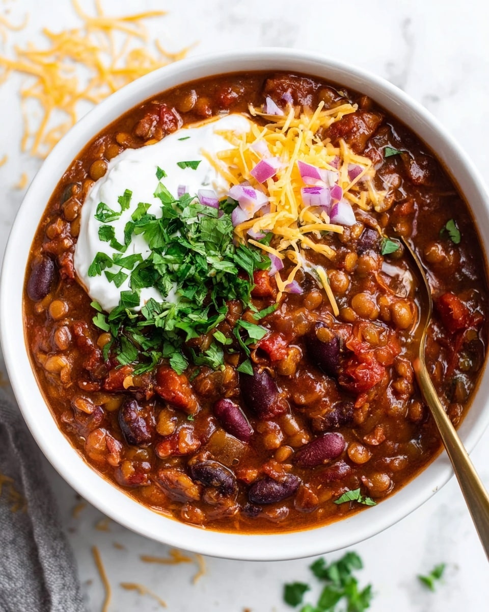 A white bowl filled with thick lentil and bean chili in a reddish brown sauce, showing lentils, kidney beans, black beans, and chunks of tomatoes mixed throughout. On one side of the bowl, there is a dollop of white sour cream topped with a small pile of finely shredded pale yellow cheese and small pieces of diced red onion. Bright green chopped cilantro is scattered over the chili and toppings. A white and gold spoon is partially sunk into the chili on the right side. The bowl sits on a white marbled surface with some scattered shredded cheese around it. photo taken with an iphone --ar 4:5 --v 7