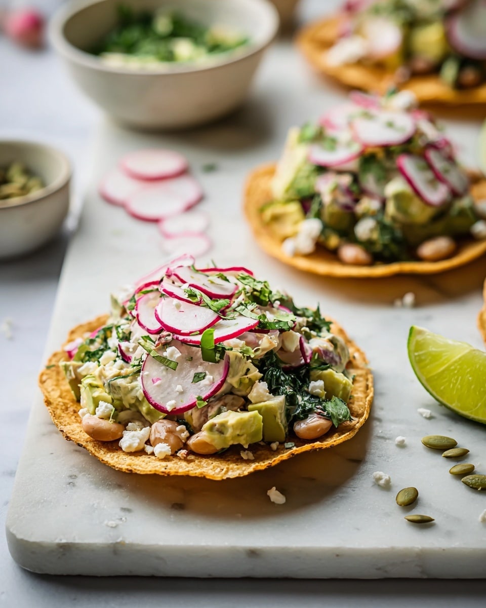 The image shows two layers of food on top of a white marbled surface: the base layer is a crispy, light brown tostada shell with a slightly rough texture, and the top layer is a creamy salad made of light green chopped vegetables, pink and white radish slices, small light brown beans, chopped fresh green herbs, and small white cheese crumbles, all mixed together. There are also some dark green pumpkin seeds sprinkled on the salad and on the surface around the tostada. To the right of the closer tostada, there is a wedge of bright yellow-green lime and some thin radish slices. The background is softly blurred, showing more tostadas topped with the same salad and small bowls of white and green contents. Photo taken with an iphone --ar 4:5 --v 7