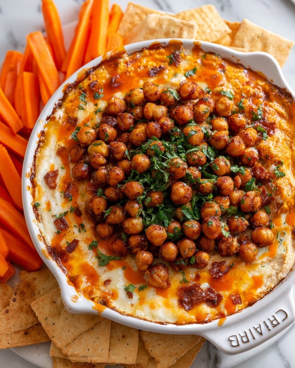 A round white dish is filled with a layered dip that has a melted, creamy orange cheese layer, topped with a mix of golden brown roasted chickpeas and bright green chopped herbs spread in the center. Around the dish, there are light brown square pita chips and orange carrot sticks placed on a white marbled surface. The dip shows specks of seasoning and a drizzle of orange sauce on top. The edge of the dish shows part of a handle with the brand name visible. photo taken with an iphone --ar 4:5 --v 7
