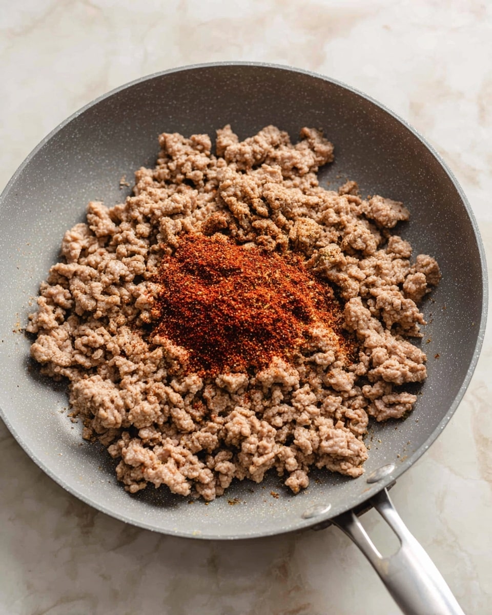 A gray pan filled with cooked light brown ground meat spread all over, with a pile of reddish-brown spice mix placed in the center, showing a grainy texture. The pan has a silver handle on the bottom right corner, resting on a white marbled surface. The spices create a strong color contrast against the evenly cooked meat. photo taken with an iphone --ar 4:5 --v 7