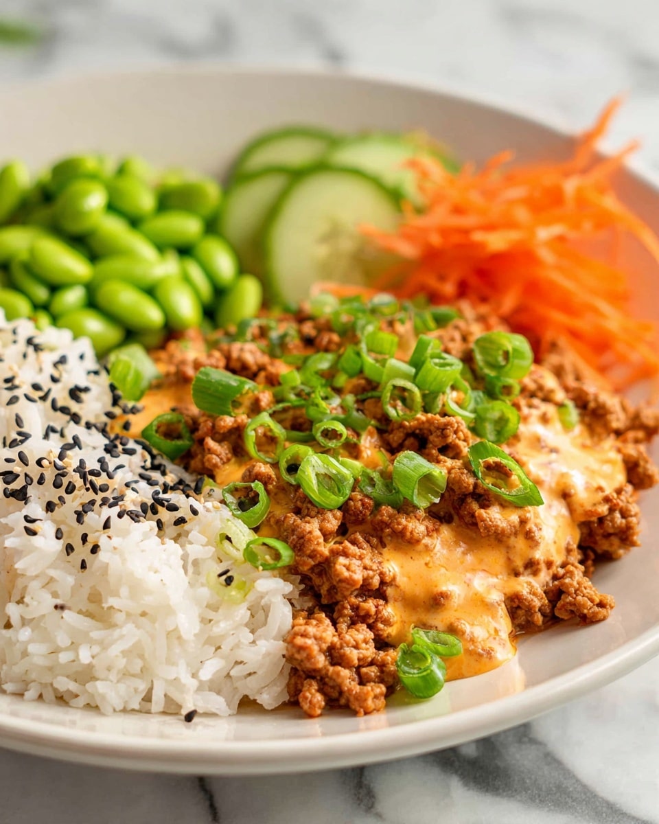 A white plate holds a colorful layered meal starting with a base of white rice sprinkled with black sesame seeds on the left side. Next to the rice is a generous serving of cooked, crumbled meat covered in a creamy orange sauce, topped with chopped green onions. Behind the meat are bright green edamame and cucumber slices, with some orange shredded carrot pieces visible in the background. The plate rests on a white marbled surface. photo taken with an iphone --ar 4:5 --v 7