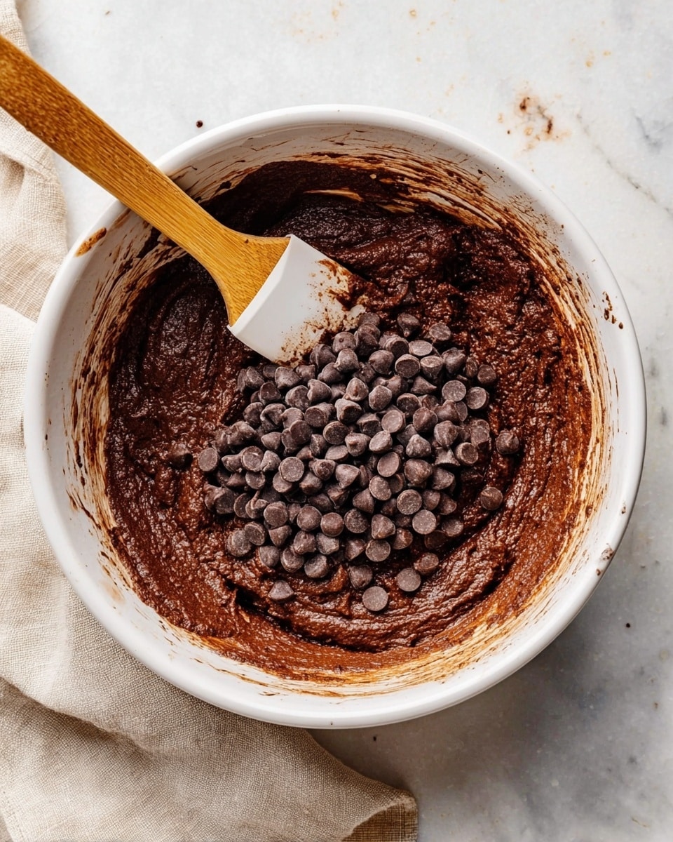 A white bowl holds thick, dark brown chocolate batter mixed well, with a pile of small, dark chocolate chips sitting on top in the middle. The batter lines the sides of the bowl unevenly, showing a textured and dense surface. A wooden spatula with a white silicone tip, partly covered in chocolate batter, rests inside the bowl on the left side. The bowl sits on a white marbled surface with a folded light beige cloth nearby. photo taken with an iphone --ar 4:5 --v 7