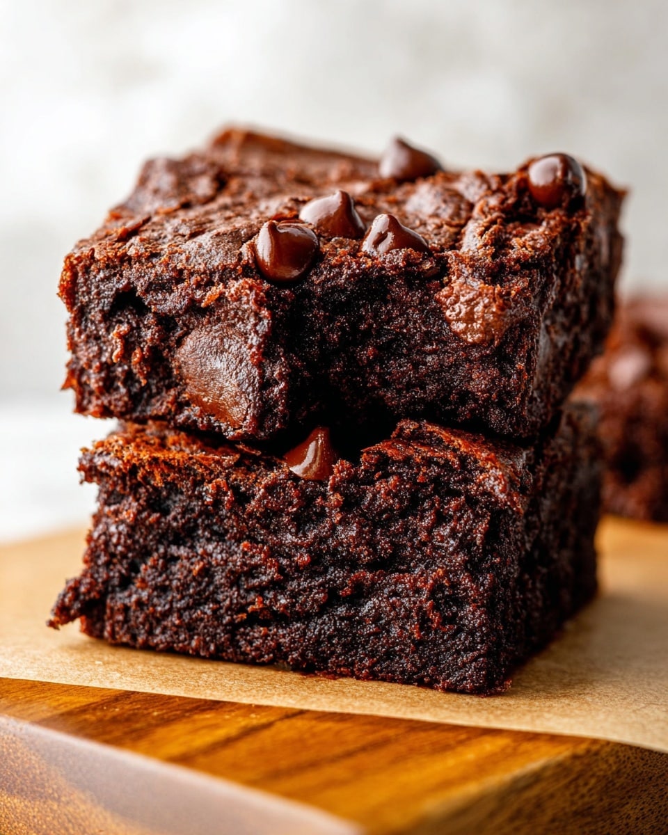 The image shows two thick, rich-looking chocolate brownies stacked on top of each other. The bottom brownie has a dense, moist texture with deep dark brown color and a slightly cracked surface. The top brownie, which is placed at an angle, reveals a crumbly but moist inside that is darker in color, studded with melting chocolate chips on the top surface. Both brownies have a rough, textured crust with shiny, smooth chocolate chips peeking out. They are set on a light brown parchment paper over a wooden board, with a soft focus white marbled texture background. photo taken with an iphone --ar 4:5 --v 7