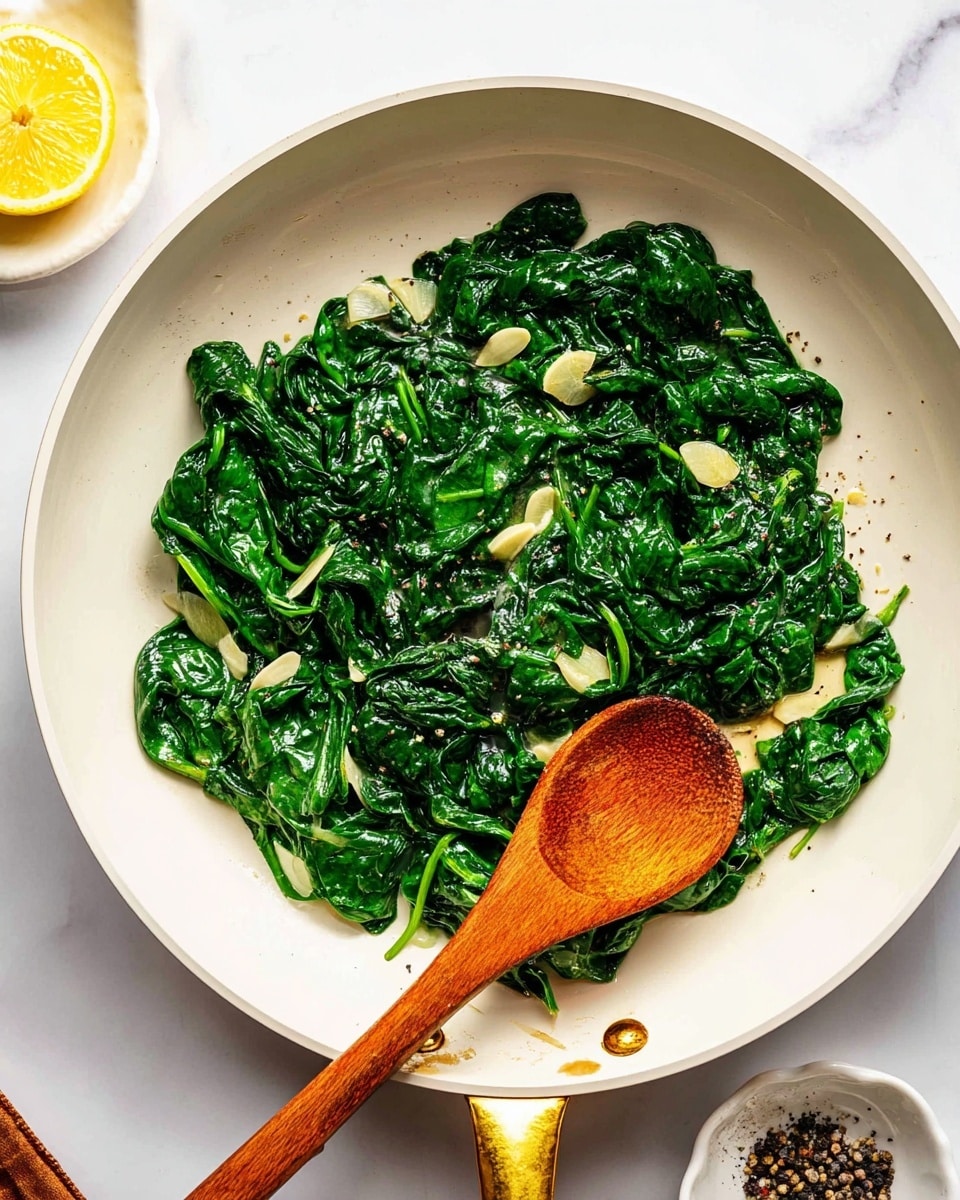 In a white pan with a gold handle, there is a single layer of cooked dark green spinach leaves mixed with thin slices of light beige garlic. The spinach looks glossy and soft with a few stray pieces spread around, while some black pepper flakes are sprinkled on top. A wooden spoon with a smooth texture rests inside the pan, touching the spinach near the center. The pan is placed on a white marbled surface with a small lemon wedge and a small white dish containing cracked black pepper near the edges. Photo taken with an iphone --ar 4:5 --v 7