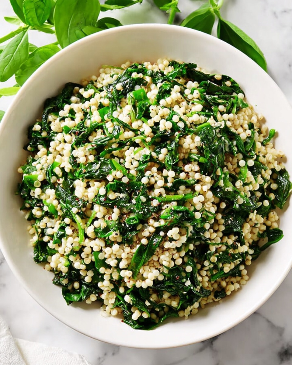 A white bowl filled with two main layers: the bottom layer is made up of small, round, beige-colored grains that look soft and slightly shiny, while the top layer consists of vibrant, dark green leafy vegetables mixed evenly throughout the grains. The grains and greens create a textured, mixed appearance with contrasting colors and a fresh, healthy look. The bowl sits on a white marbled surface, with some green leaves visible in the background, suggesting freshness. Photo taken with an iphone --ar 4:5 --v 7