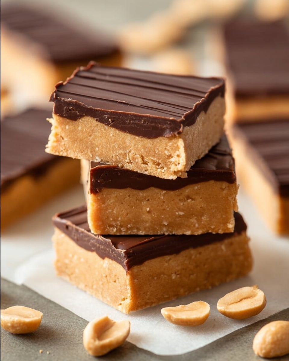 The image shows three rectangular peanut butter bars stacked on top of each other on a white marbled surface. Each bar has two main layers: a thick, beige peanut butter base with a slightly crumbly texture and a smooth, dark chocolate layer on top with visible light lines running lengthwise. Around the stacked bars, there are scattered whole peanuts and more peanut butter bars lying flat in the background, softly blurred. The lighting makes the chocolate shine gently while highlighting the texture of the peanut butter layer. photo taken with an iphone --ar 4:5 --v 7