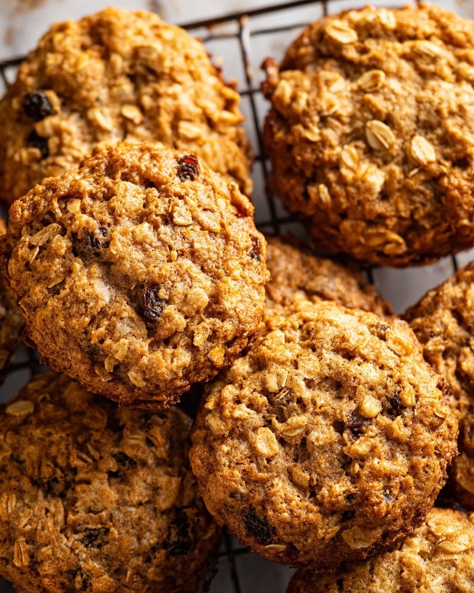 A close-up view of several round oatmeal cookies with a bumpy texture, showing visible oats and small dark raisins embedded throughout. The cookies have a golden brown color with slightly darker edges, resting together on a dark wire cooling rack. The background is a white marbled surface that contrasts with the warm tones of the cookies. photo taken with an iphone --ar 4:5 --v 7