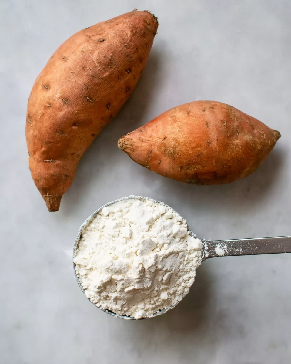 The image shows two whole sweet potatoes with rough, orange skin placed at the top on a white marbled surface. Below the sweet potatoes, there is a white metal measuring cup filled with white flour, displaying a powdery texture. The arrangement is simple and clear, with the items spaced out on the surface. photo taken with an iphone --ar 4:5 --v 7