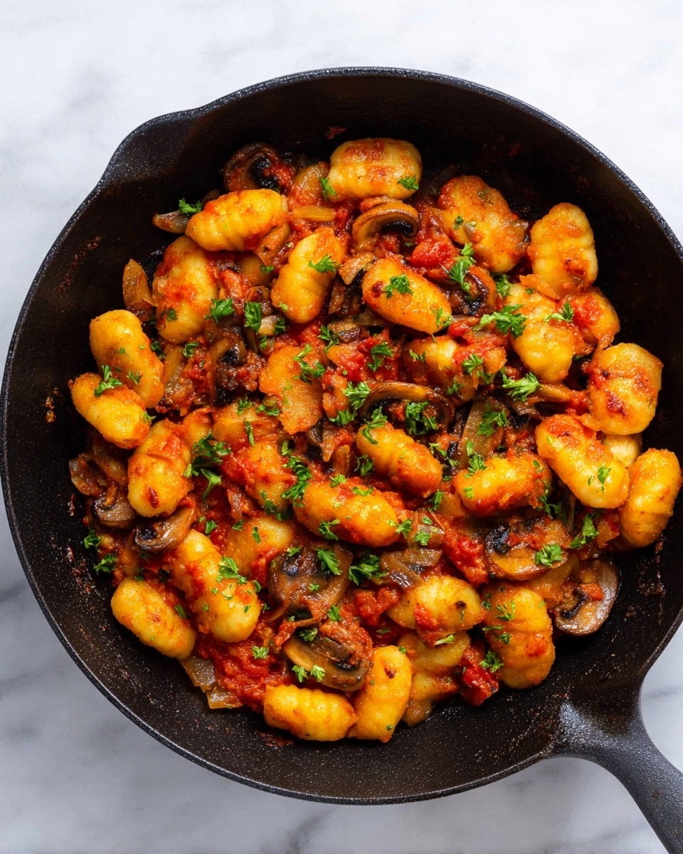 The image shows a black cast iron pan filled with golden-brown gnocchi pieces that have a slight crispy texture. Mixed in are small chunks of red tomato sauce, bits of sautéed onions, and slices of mushrooms with varying shades of light brown. The dish is garnished with small, fresh green parsley leaves scattered evenly on top. The pan rests on a smooth white marbled surface, adding a clean, elegant contrast to the warm colors of the food. photo taken with an iphone --ar 4:5 --v 7
