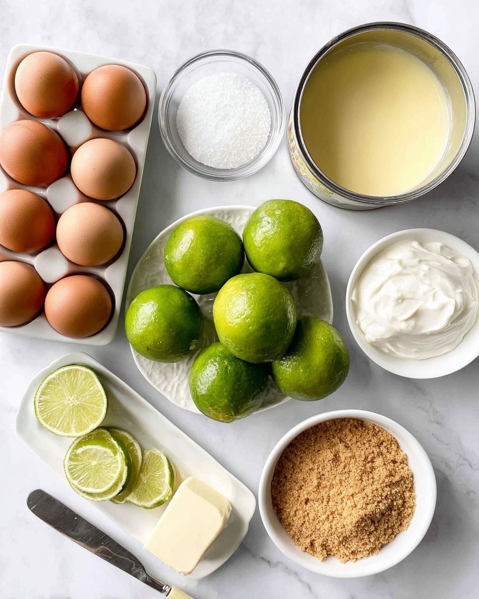 The image shows several ingredients arranged on a white marbled surface: a white tray with six brown eggs on the top left, a small clear glass bowl of salt below it, a white dish with many whole green limes to the left center, and more limes sliced in half spread near the center. To the right top is an open can filled with a pale yellow liquid, likely condensed milk, placed beside a matching white lid. Below the can, to the right, there is a dollop of white cream in a small round white bowl. In the bottom right corner, a white bowl is filled with light brown crumbs, possibly graham cracker crumbs. On the bottom left, a stick of butter is partially unwrapped with a silver knife resting on the butter. The whole scene is bright and clean, with clear textures and soft natural light, photo taken with an iphone --ar 4:5 --v 7