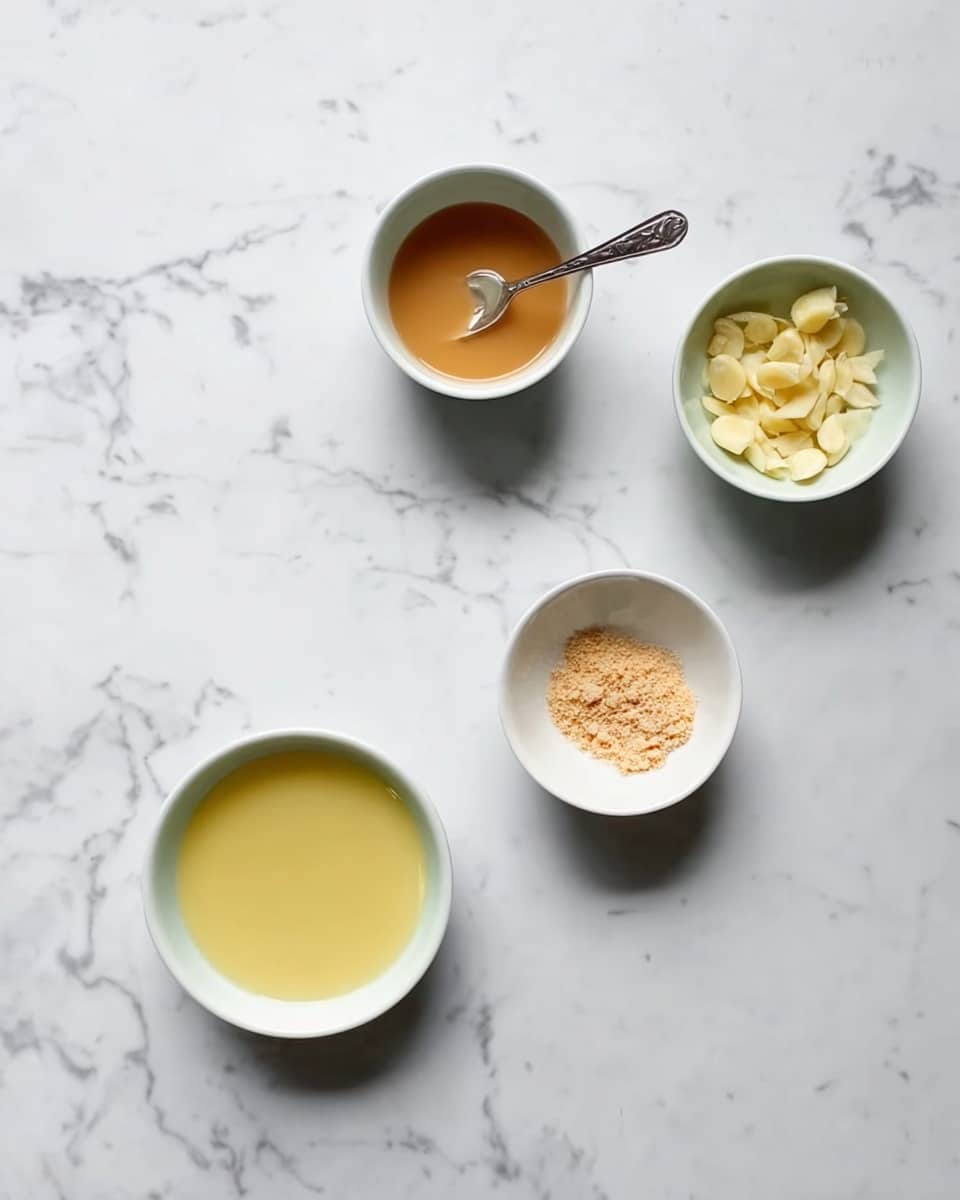 The image shows four small white bowls arranged on a white marbled surface. The top left bowl contains a light brown sauce with a spoon resting inside. The top right bowl has chopped pale yellow garlic pieces. Below them, a bowl on the left holds a yellow liquid, likely lemon juice, while the bowl on the right contains a small amount of light brown powder. The clean white marble background and the neat placement of the bowls create a simple and organized look. Photo taken with an iphone --ar 4:5 --v 7