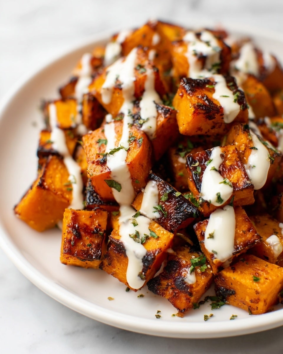 The dish shows multiple pieces of roasted orange sweet potato cubes with browned edges piled closely on a white plate. The cubes have a slightly rough, caramelized texture with charred spots. On top, there are uneven drizzles of creamy white sauce, adding a soft contrast to the warm, grilled orange pieces. Small green herb bits are sprinkled over the dish, providing a fresh pop of color. The plate rests on a white marbled surface. photo taken with an iphone --ar 4:5 --v 7