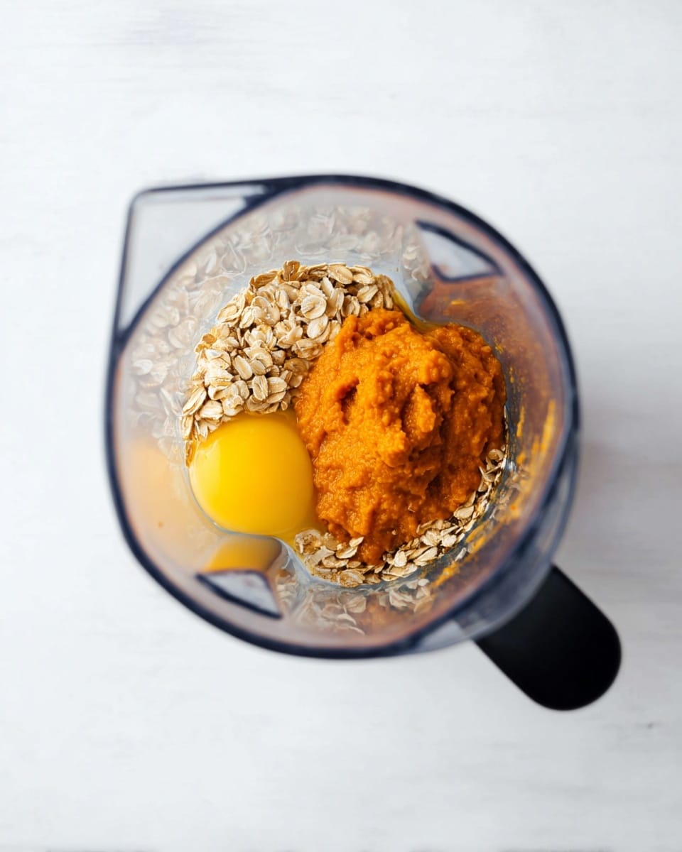 The image shows a clear blender jar on a white marbled surface, filled with three visible layers of ingredients. The bottom layer consists of light brown rolled oats, slightly scattered around the edges. On top of the oats, there is an orange, smooth puree that looks thick and dense, placed more towards the center. Next to the puree, a raw whole egg with a yellow yolk and clear egg white is seen to the side, completing the mixture. The blender jar has a black handle visible on the right side. photo taken with an iphone --ar 4:5 --v 7