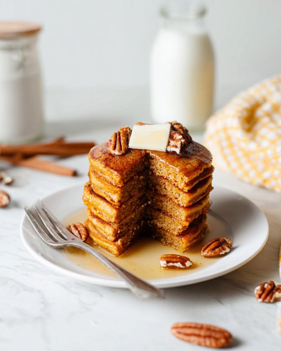 A stack of seven thick golden-brown pancakes sits in the center of a white plate, with a wedge-shaped piece missing from the side, showing a soft textured inside with bits of pecans. The top pancake has a square of melting butter and a few pecan halves scattered around it. Light syrup pools at the base, slightly glossy, flowing over the edges of the stack. A silver fork rests on the left edge of the plate. The setting includes a white marbled surface and a blurred background with a bottle of milk, a white jar, a cinnamon stick, and a yellow-checkered cloth. photo taken with an iphone --ar 4:5 --v 7