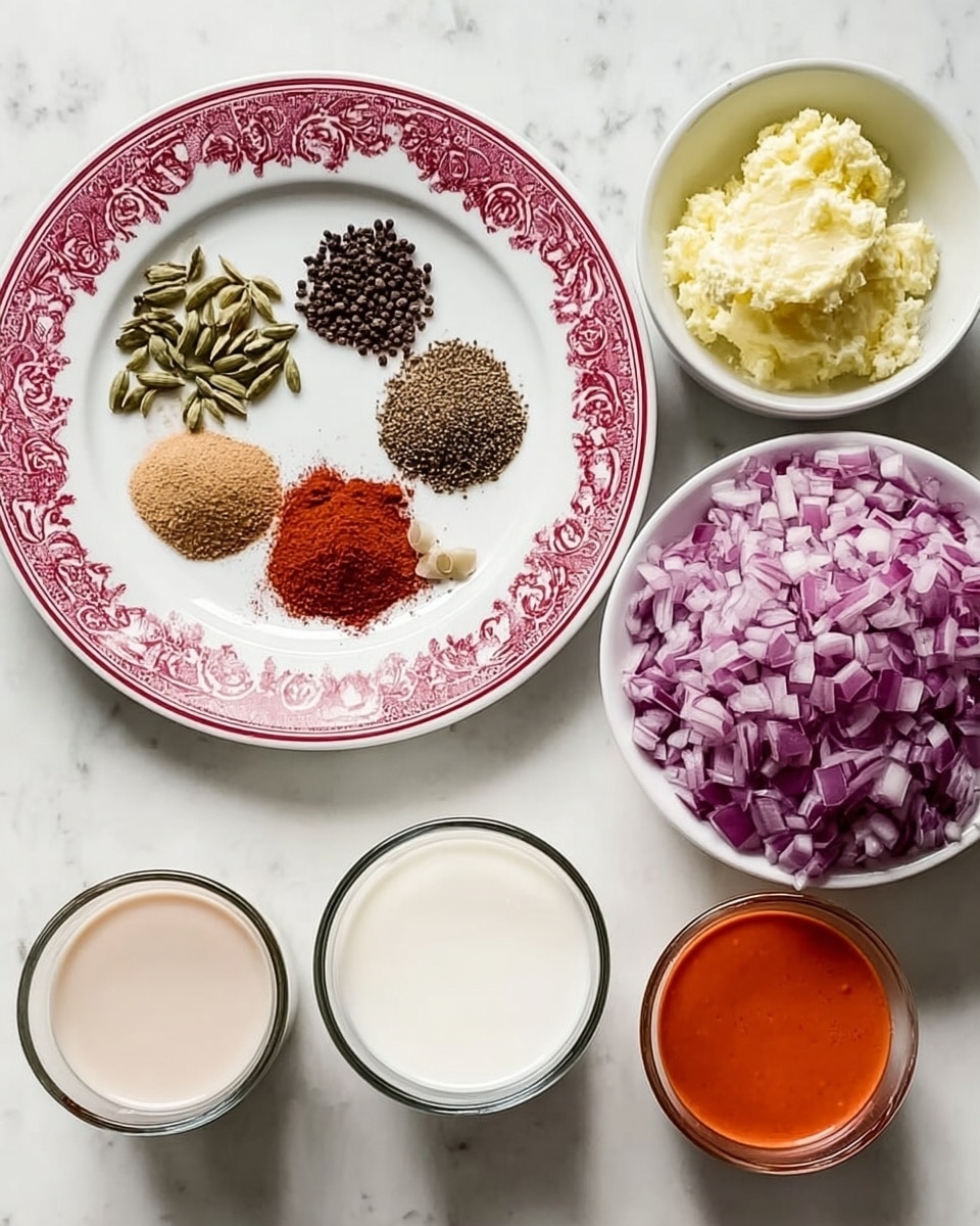 A white round plate with red patterns holds six small piles of spices, each with different colors and textures: dark brown cloves, green cardamom pods, black cumin seeds, a small brown cone, a bright red powder, and a mix of light brown powders. To the right, a white bowl is filled with a large amount of finely chopped purple onion. Above these, a small white bowl contains pale yellow butter topped with some green leaves. Below, three clear glasses are placed side by side on a white marbled surface: the left glass has a beige liquid, the middle glass is filled with thick white cream, and the right glass has a smooth orange-red liquid. photo taken with an iphone --ar 4:5 --v 7