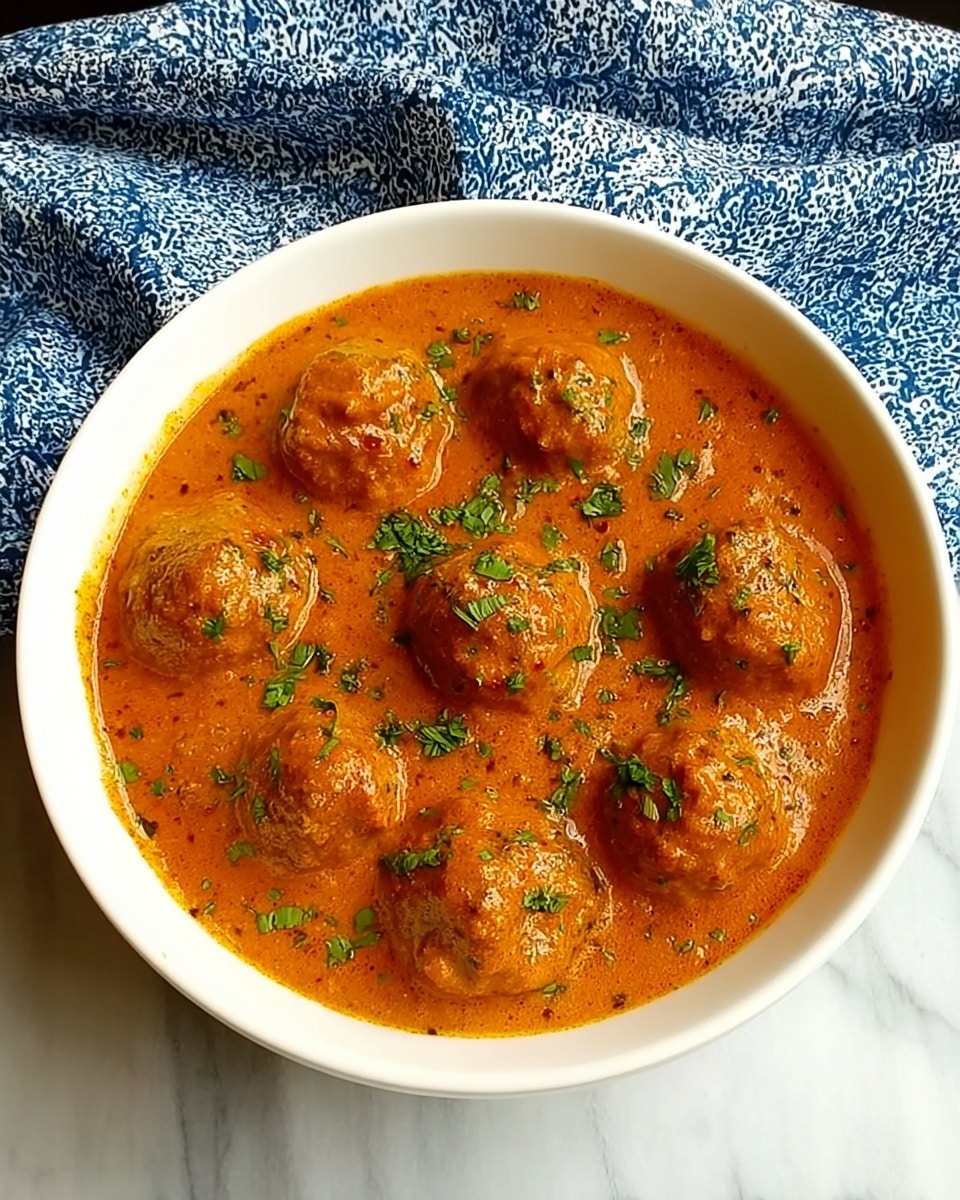 A white bowl filled with a thick orange curry sauce, showing nine round meatballs fully covered in the sauce. The curry has a smooth texture with small bits of spices visible, and the dish is sprinkled with finely chopped green herbs on top. The bowl is placed on a blue and white patterned cloth over a white marbled surface. photo taken with an iphone --ar 4:5 --v 7