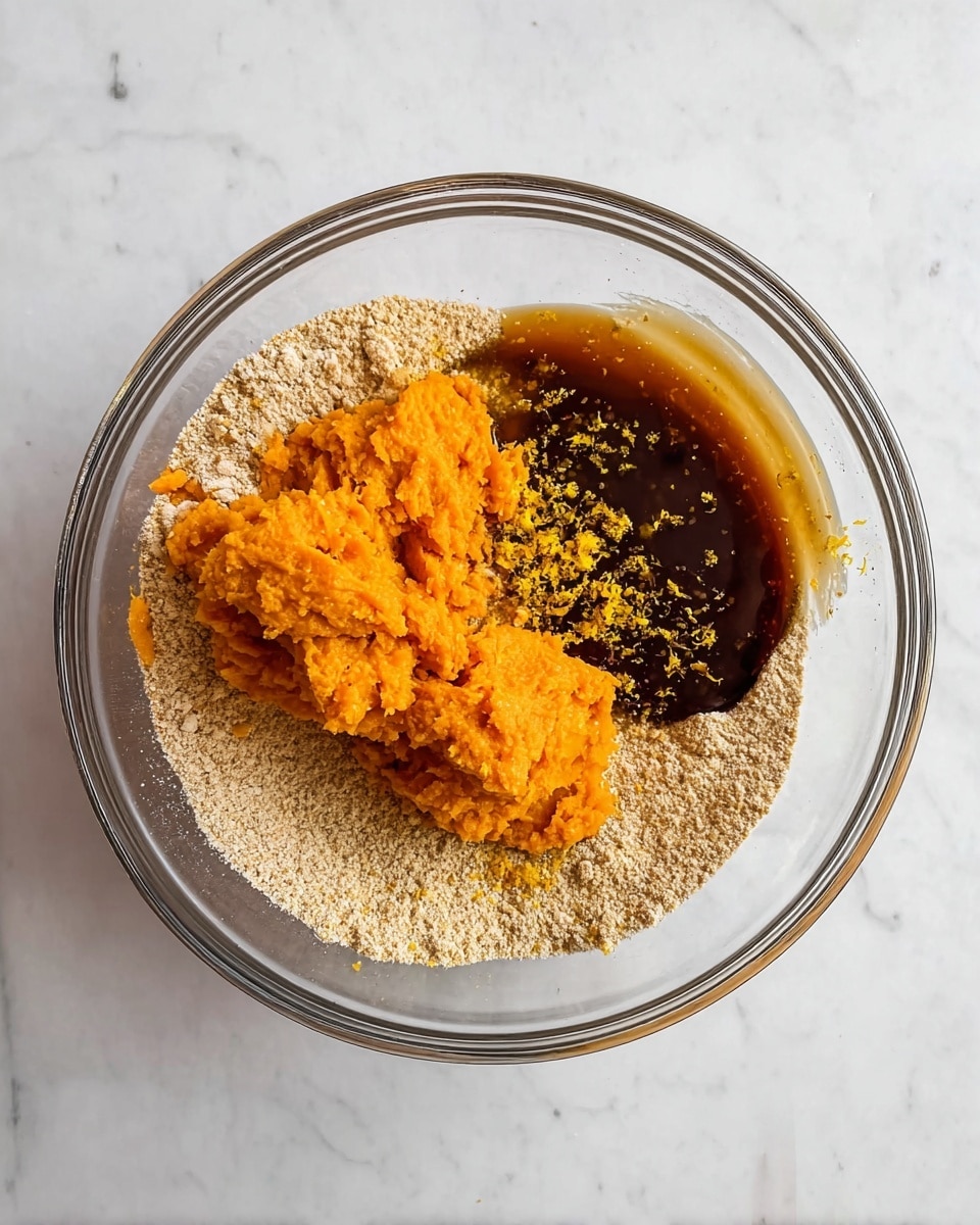 A clear glass bowl sits on a white marbled surface, filled with three main layers. The bottom layer is a fine, light brown flour spread evenly across the bowl. On top of the flour, there is a bright orange mashed substance placed mostly to the left side, with a soft, slightly chunky texture. Near the orange mash, a small shiny dark brown liquid pool covers part of the flour. The orange mash is sprinkled with tiny yellow zest pieces, adding a pop of bright color. Photo taken with an iphone --ar 4:5 --v 7