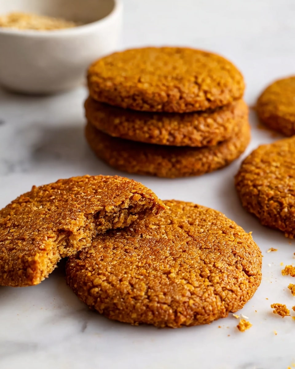 The image shows five round, flat cookies with a rough, grainy texture and a rich golden-brown color. One cookie is broken, revealing its dense, slightly crumbly inside with tiny bits of oats or grains visible. The cookies are laid on a white marbled surface with a few scattered crumbs around them. In the background, part of a white bowl is seen, slightly out of focus. Photo taken with an iphone --ar 4:5 --v 7
