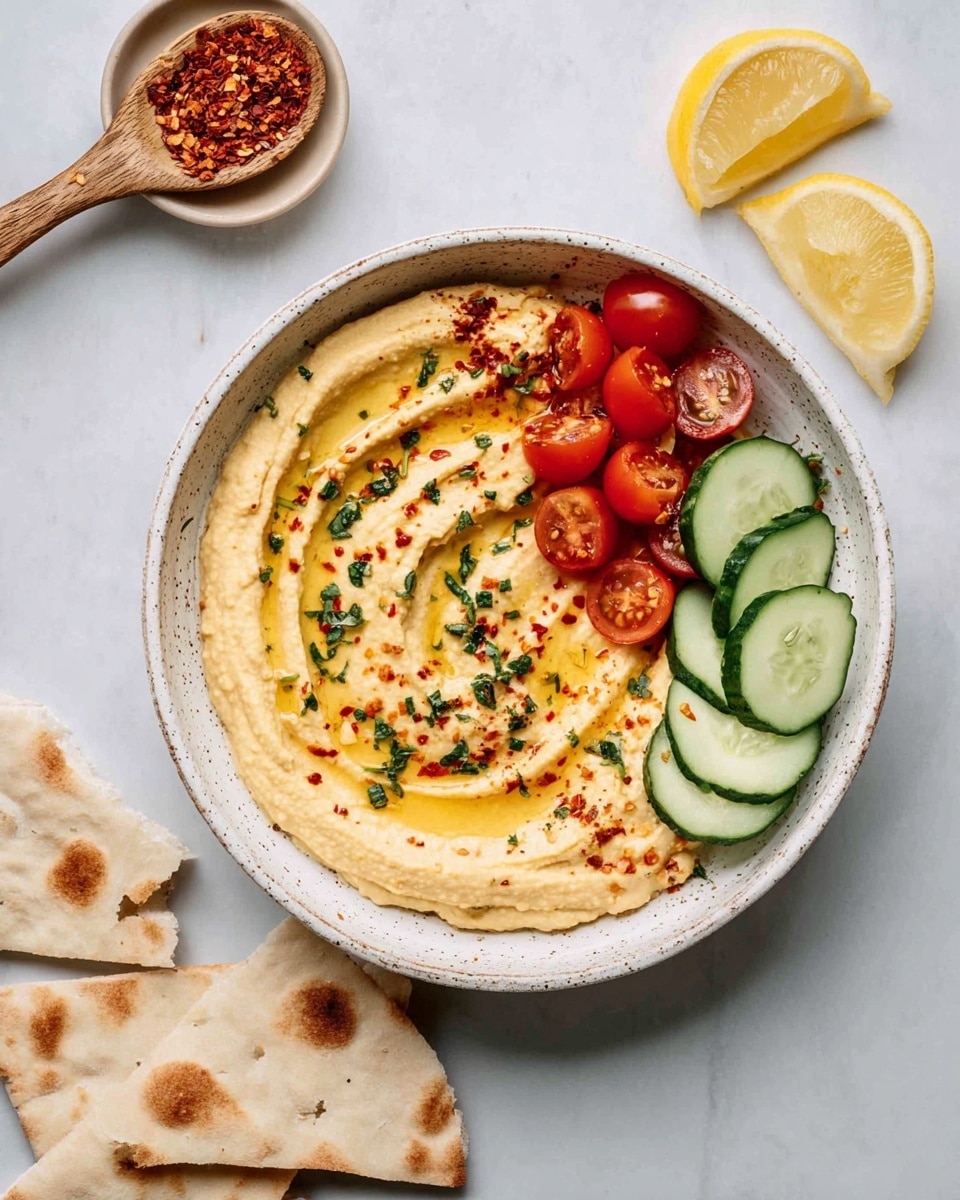 A white speckled bowl sits on a white marbled surface, filled with smooth, creamy hummus swirled in two visible layers of pale yellow with small bits of red chili flakes and green herbs sprinkled over the top. On one side of the hummus, there is a colorful layer of fresh, halved bright red cherry tomatoes and chunks of green cucumber arranged neatly. Beside the bowl are two thin lemon wedges layered slightly over one another, and a wooden spoon holding crushed red chili flakes rests nearby on the surface. In the lower left corner, three triangular pieces of white flatbread with browned spots are arranged overlapping each other. photo taken with an iphone --ar 4:5 --v 7