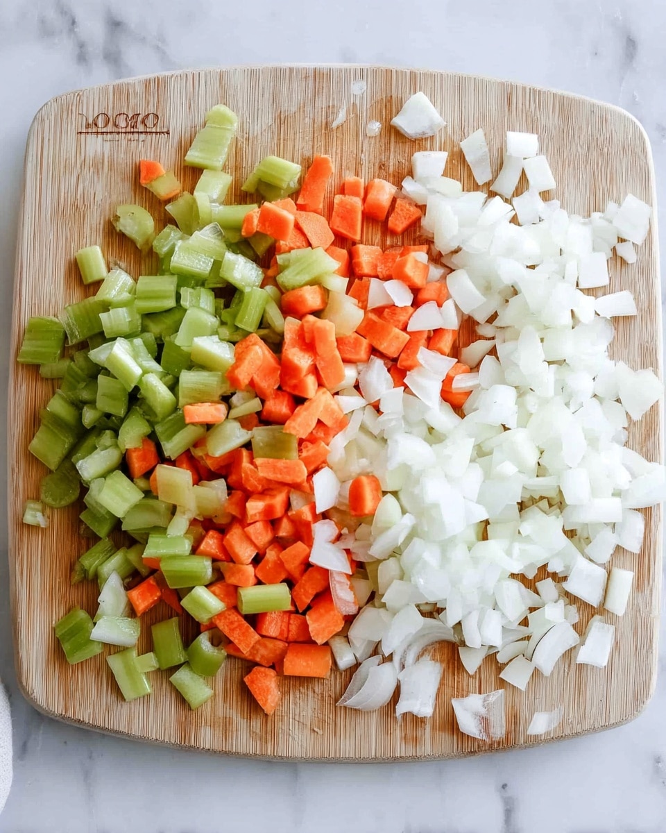 The image shows a light brown wooden cutting board on a white marbled surface with two piles of chopped vegetables. On the left side, there is a colorful mix of chopped green celery sticks, orange carrot slices, and small white pieces of onion. On the right side, there is a pile of chopped white onions with a few scattered pieces mixed in. The vegetables have a fresh, crisp look with clean cuts. Photo taken with an iphone --ar 4:5 --v 7