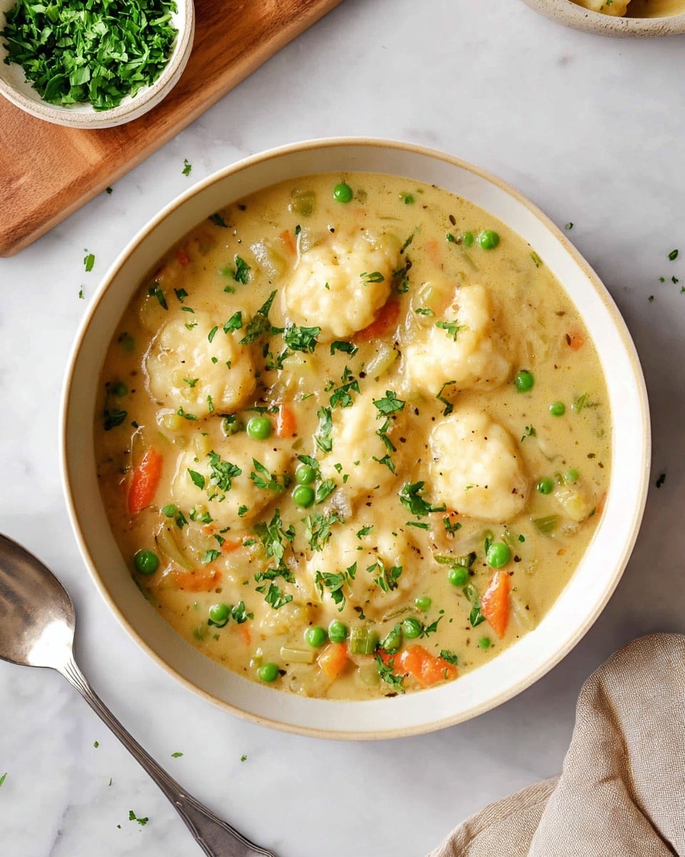 A bowl of thick stew with a creamy light beige broth filled with chunks of soft white dumplings scattered on top. Inside the broth, there are small round green peas, thin slices of orange carrots, and small pieces of pale celery. Bright green chopped herbs are sprinkled over the stew, adding fresh color. The stew sits in a white bowl placed on a white marbled surface, with a silver spoon nearby and a small bowl of chopped green herbs on a wooden board to the side. Photo taken with an iphone --ar 4:5 --v 7