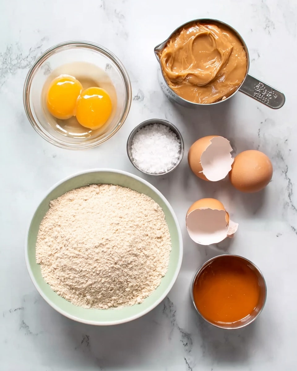 The image shows six separate ingredients arranged on a white marbled surface. At the bottom center, there is a white bowl with a light green rim filled with a fine, pale beige powder. To the left, a small clear glass bowl holds a raw egg with a bright yellow yolk and clear whites. Above that is a shiny metallic measuring cup filled with a thick, light brown creamy substance. To the right of the egg, an empty cracked eggshell sits open in two pieces, showing smooth inner surfaces. Above the eggshell is a small clear glass bowl containing white granulated salt. To the far right, another shiny metallic measuring cup is filled with a thick orange-colored liquid. Photo taken with an iphone --ar 4:5 --v 7