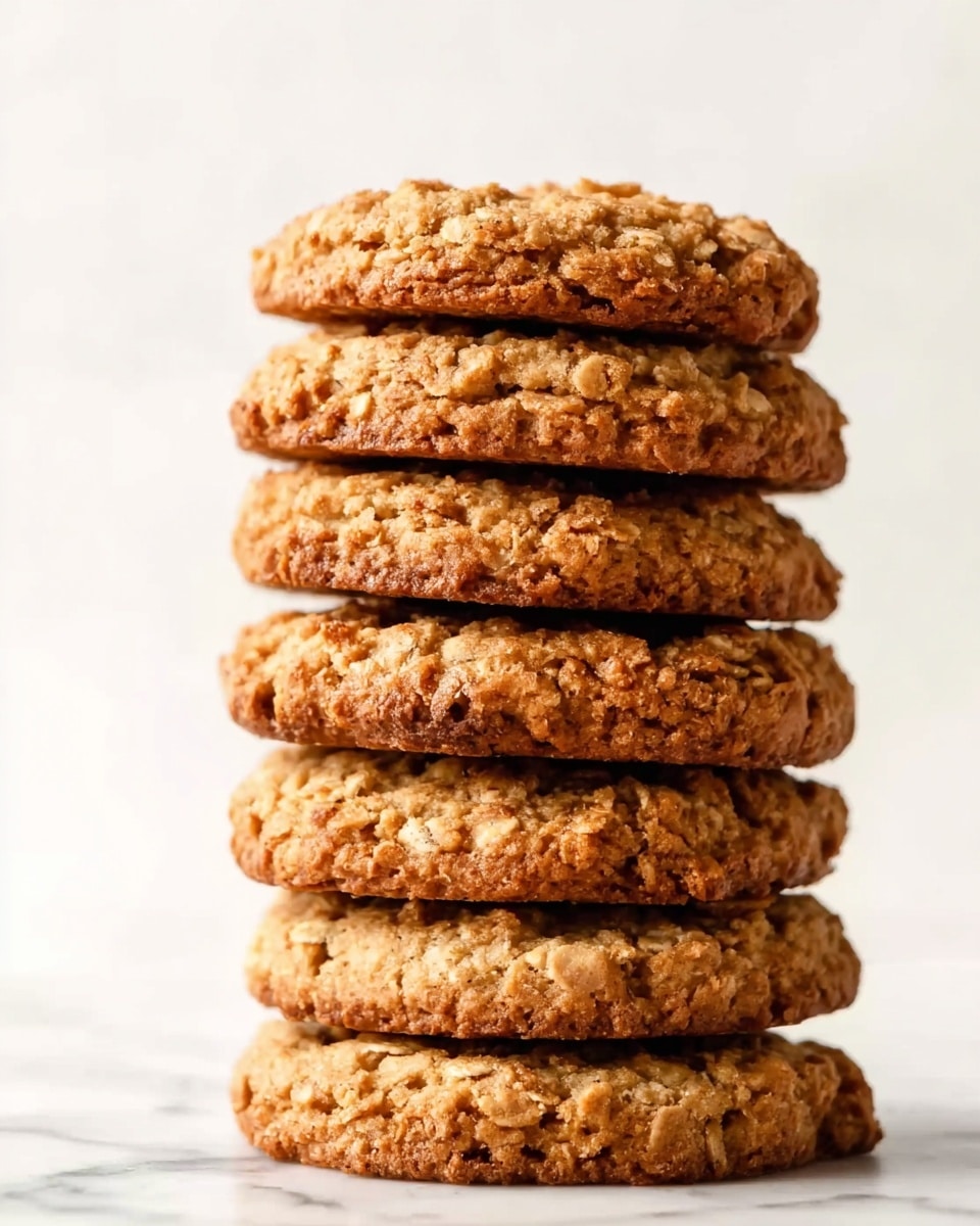 A stack of six round oatmeal cookies with rough, crumbly texture and golden brown color is shown close-up. Each cookie has visible oat pieces and slightly uneven edges, stacked directly on top of each other, forming a tall tower. The background and surface are white marbled texture, highlighting the warm tones of the cookies. photo taken with an iphone --ar 4:5 --v 7