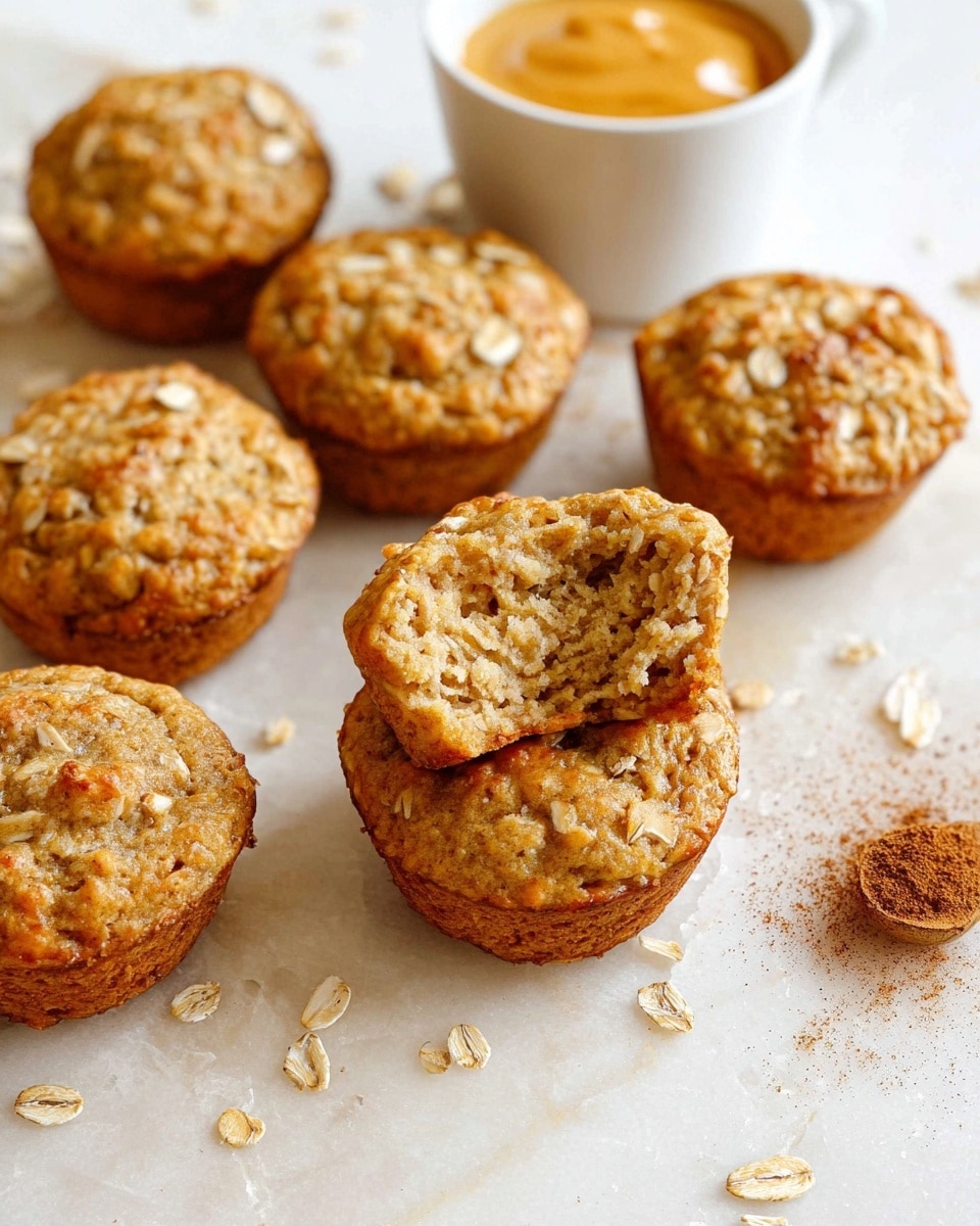 The image shows several small, round golden brown oat muffins scattered on a white marbled surface. One muffin in the front is bitten into, revealing a soft and moist inside full of oats. The muffins have a rough texture with visible bits of oats on the top and sides. In the background, there is a small white cup filled with a light orange spread, slightly swirled on top. A few loose oats and a pinch of cinnamon powder are sprinkled around the muffins, adding a natural and rustic feel. photo taken with an iphone --ar 4:5 --v 7