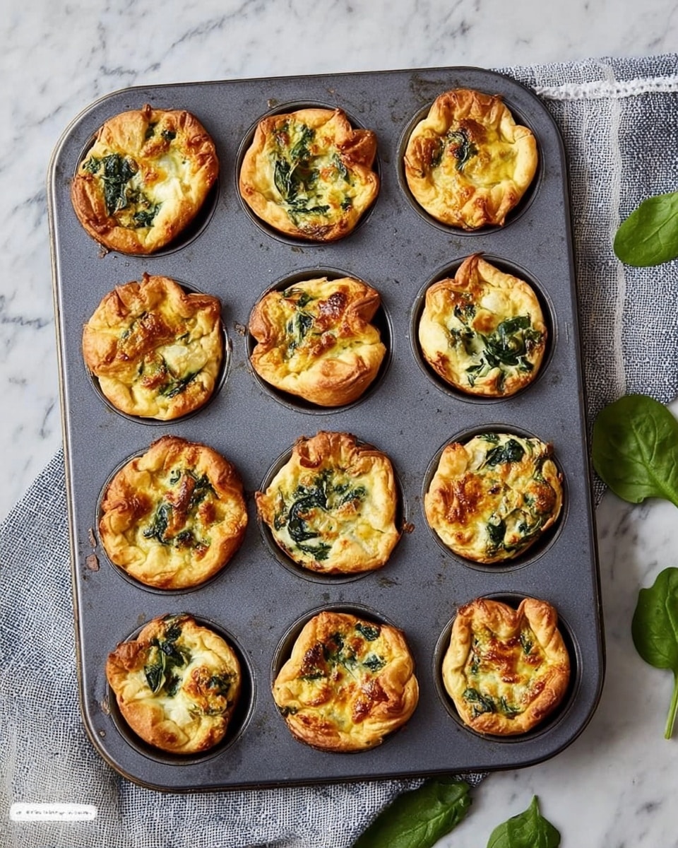 There is a gray metal muffin tray holding twelve golden-brown baked cups. Each cup has a crispy, flaky outer crust that folds up around a creamy, light yellow filling mixed with dark green leafy spinach. The tops of each cup are slightly cracked and browned, showing the filling inside. The tray rests on a white marbled surface with a soft gray and white striped cloth and two small spinach leaves next to it. Photo taken with an iphone --ar 4:5 --v 7