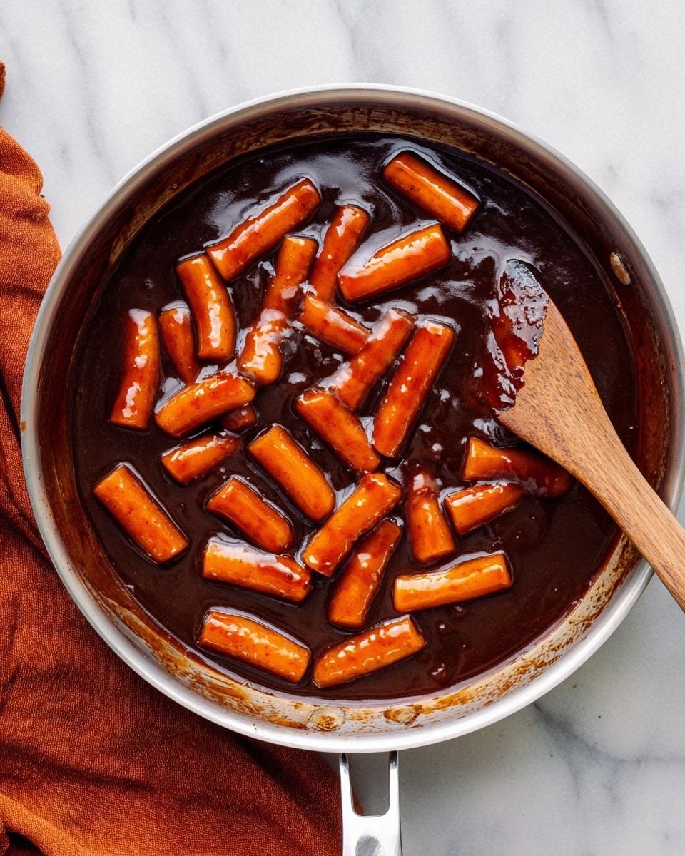 The image shows a silver pan filled with thick dark brown sauce with a glossy texture. Inside the sauce, there are multiple shiny orange rice cake pieces, evenly cut into short cylindrical shapes, floating and covered in the sauce. A wooden spatula rests on the right side of the pan, partly submerged in the sauce. The pan is placed on a white marbled surface with a soft dark orange cloth partially visible on the left side. The edges of the pan show some sauce stains. photo taken with an iphone --ar 4:5 --v 7