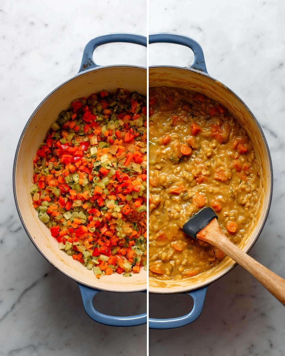 The image shows two side-by-side views of a blue pot with cream inside and handles on a white marbled surface. On the left, the pot is filled with a mixture of finely chopped vegetables including red and orange bell peppers, green celery or herbs, and some yellow pieces, all having a fresh and colorful look with a slightly glossy texture. On the right, the same pot contains a thick stew-like dish with a light brown creamy base, dotted with soft chunks of orange, red, and some grains or beans, stirred by a wooden spoon with a black silicone tip, giving a smooth, hearty appearance. The surface and pot remain consistent in both images. photo taken with an iphone --ar 4:5 --v 7