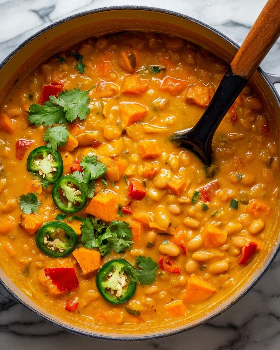 The image shows a pot filled with a thick, creamy orange stew containing soft yellow beans and chunks of orange sweet potatoes. There are small pieces of red bell pepper scattered throughout, adding pops of red color. The stew is garnished on top with slices of green jalapeño pepper and sprigs of fresh green cilantro. A wooden-handled black spoon is partially submerged on the right side, stirring the stew gently. The background is a white marbled surface. photo taken with an iphone --ar 4:5 --v 7