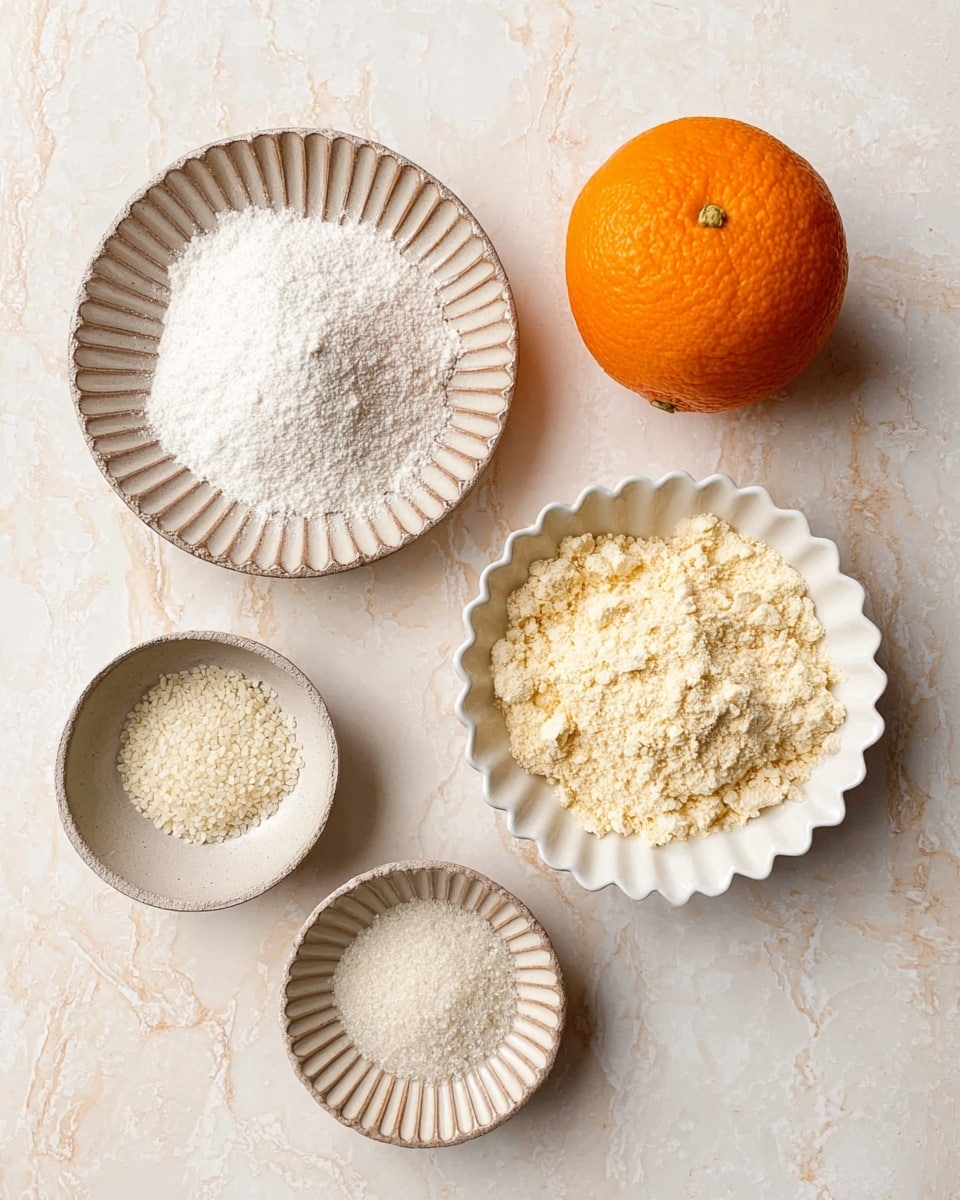 A flat lay image showing five different items on a white marbled surface. At the top left, there is a round beige plate with ridged edges, filled with a mound of white powder. To the right of this is a whole orange fruit with a smooth, bright orange skin. Below the orange, on the right side, is a white scalloped bowl filled with a pale yellow grainy powder with small clumps. At the bottom left, there is a small beige round bowl containing coarse white granules. Next to it, in front, is a small beige dish with ridged edges filled with a fine white powder. Photo taken with an iphone --ar 4:5 --v 7
