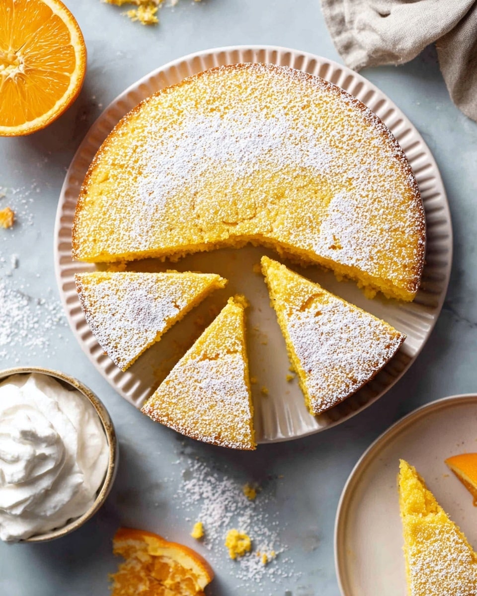 A round cake with a bright yellow color, dusted with white powdered sugar on top, is placed on a white plate with ridged edges. The cake is sliced into eight triangular pieces, with three pieces separated slightly from the main cake, showing a moist and soft texture inside. Nearby, there is half an orange and a small white bowl filled with whipped cream on a white marbled surface. Some cake crumbs and powdered sugar are scattered around for a natural look. Photo taken with an iphone --ar 4:5 --v 7
