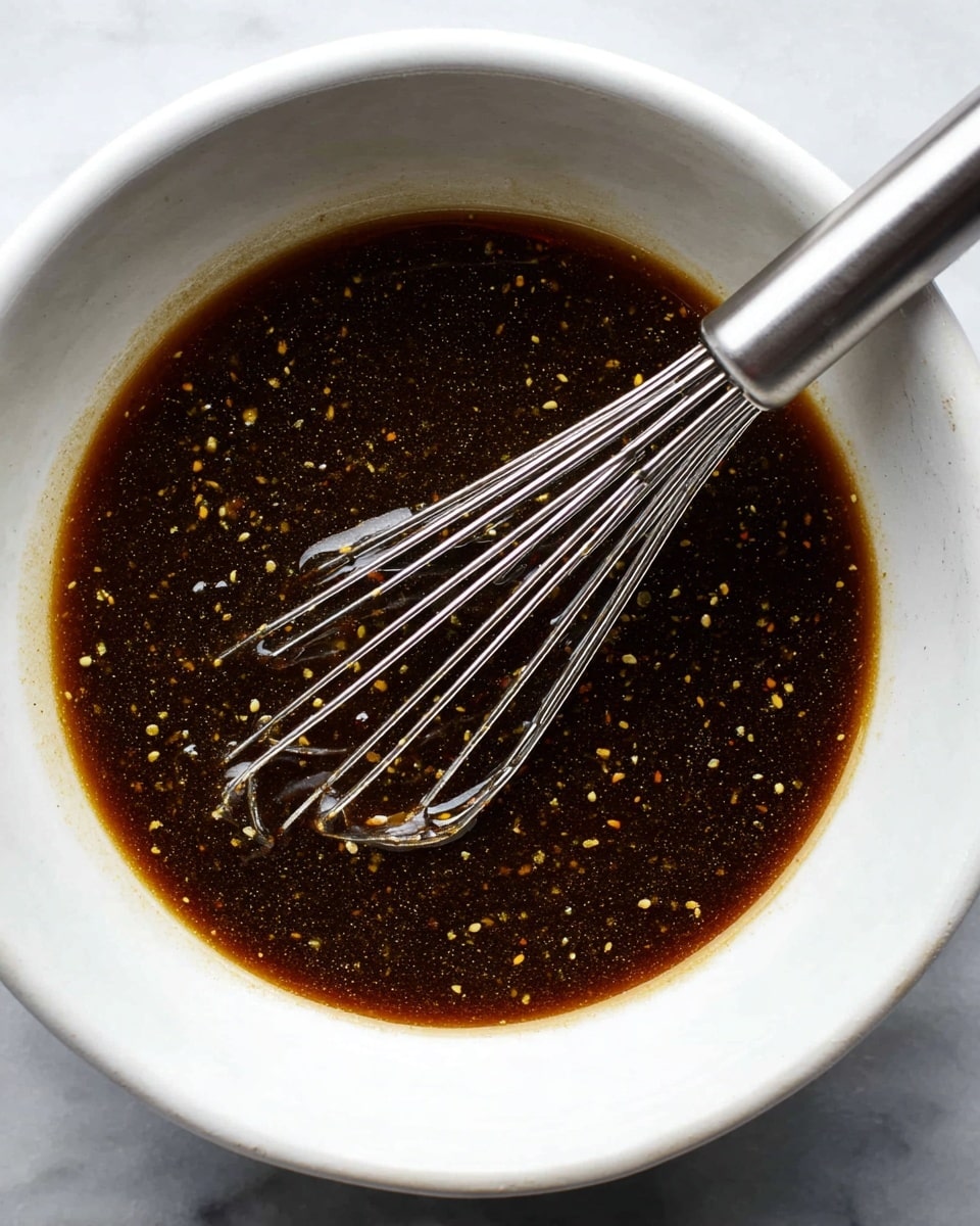 A white bowl filled with a dark brown sauce mixed with small yellow and black specks throughout, showing a smooth, slightly thick liquid texture. Inside the bowl, a shiny silver metal whisk rests with its wires partly submerged in the sauce, reflecting light. The bowl sits on a white marbled surface, adding a clean and bright contrast to the dark sauce. The scene is captured from above, focusing on the sauce and whisk. photo taken with an iphone --ar 4:5 --v 7
