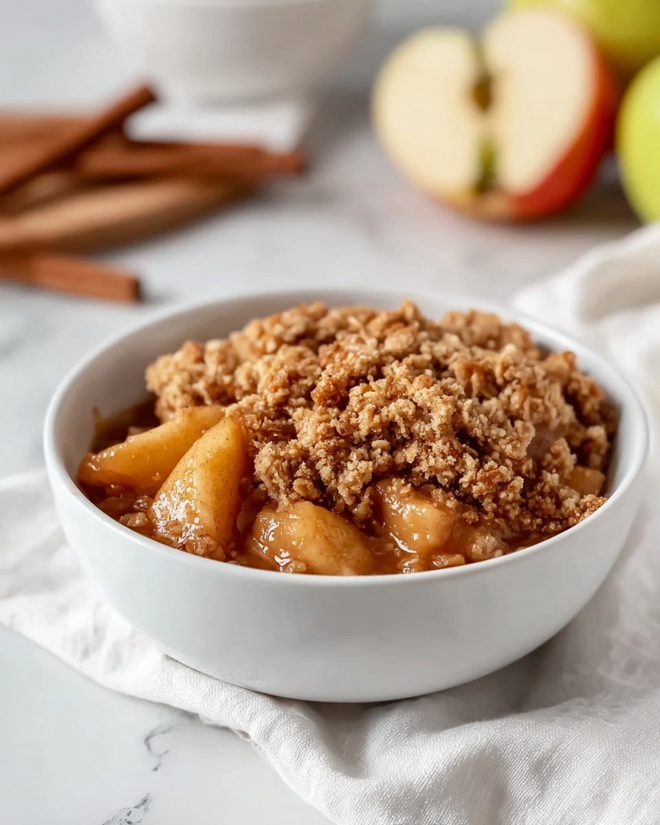 A white bowl filled with apple crumble sits on a white cloth against a white marbled background. The bottom layer shows soft, cooked apple chunks in a warm, brown cinnamon sauce. On top, there is a thick layer of golden-brown oat crumble with a crispy, crumbly texture. The crumble covers most of the apples but some pieces peek out, shiny with syrup. In the blurred background, a wooden board with cinnamon sticks and a white bowl with apples are visible. Photo taken with an iphone --ar 4:5 --v 7