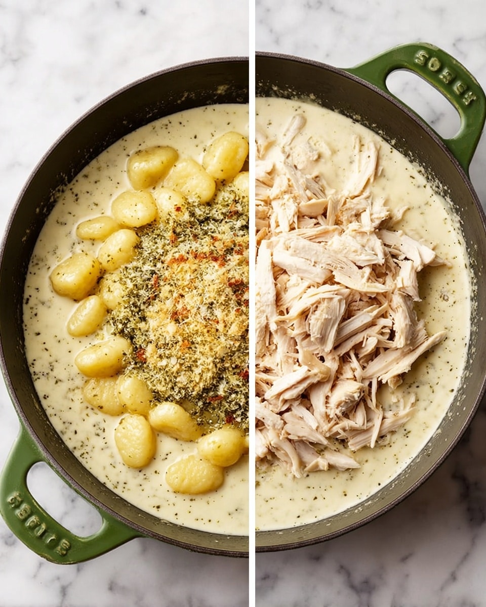 A green pan holds a creamy sauce mixed with small, yellow gnocchi pieces, topped in the center with a pile of shredded light beige cooked chicken. The creamy sauce looks smooth with flecks of black pepper, surrounding the gnocchi evenly. The pan rests on a white marbled surface. The dish shows two stages: one with cream, green pesto, and dried herbs on top of gnocchi, and the other with the creamy gnocchi cooked and shredded chicken added on top. photo taken with an iphone --ar 4:5 --v 7