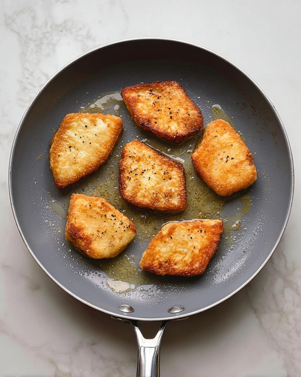 The image shows a round gray pan with a silver handle, placed on a white marbled surface. Inside the pan are seven pieces of golden-brown fried food, each piece having a rough diamond shape. The pieces are spread out evenly in the pan, with a slight shine of oil around them. Each fried piece has a crispy-looking texture with patches of light and darker browns on the surface. There are small black specks sprinkled on some pieces, likely seasoning. The pan's interior has a matte finish with light oil marks and some cooked bits around the fried pieces. Photo taken with an iphone --ar 4:5 --v 7