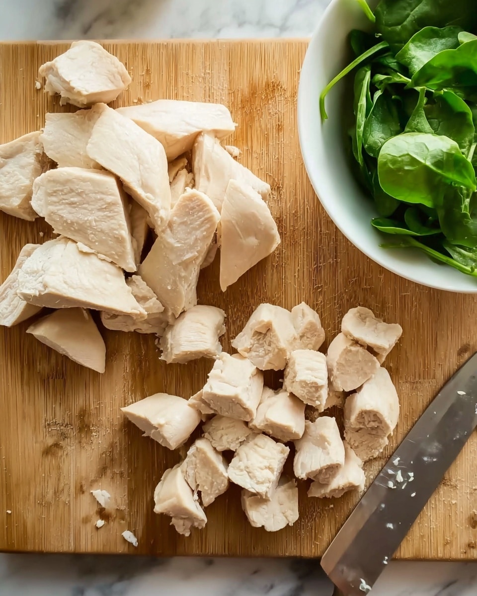 The image shows a wooden board with pieces of cooked white chicken arranged in two groups: larger triangular-shaped pieces on the left and smaller chunks on the right. The chicken has a smooth, slightly shiny texture with a pale white color, some pieces showing slight browning. On the bottom right edge is a silver knife with a broad blade resting on the board near the chicken chunks. To the upper left side of the board, there is a white bowl filled with fresh green leaves, likely spinach. The background is a white marbled surface. photo taken with an iphone --ar 4:5 --v 7