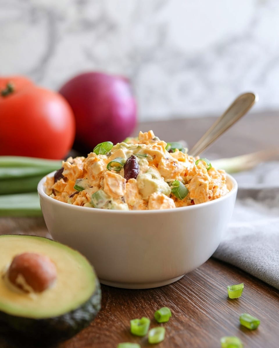 A white bowl filled with a creamy salad made of small orange and light yellow chunks mixed with green pieces and dark raisins, topped with chopped green onion pieces. The bowl sits on a wooden table with a white marbled background. Next to the bowl is a halved avocado with green flesh and the seed still inside. A blurred tomato and red onion are in the background, with a spoon resting inside the bowl. Some green onion pieces are scattered on the table in the foreground. Photo taken with an iphone --ar 4:5 --v 7