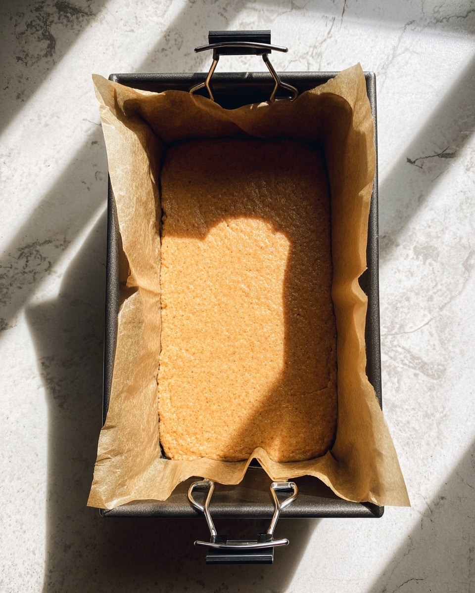 A rectangular baking tin lined with light brown parchment paper holds a flattened, smooth rectangle layer of light brown batter or dough. Two black binder clips secure the parchment paper on opposite sides of the tin. The surface beneath the baking tin has a white marbled texture with soft shadows falling across it. Photo taken with an iphone --ar 4:5 --v 7