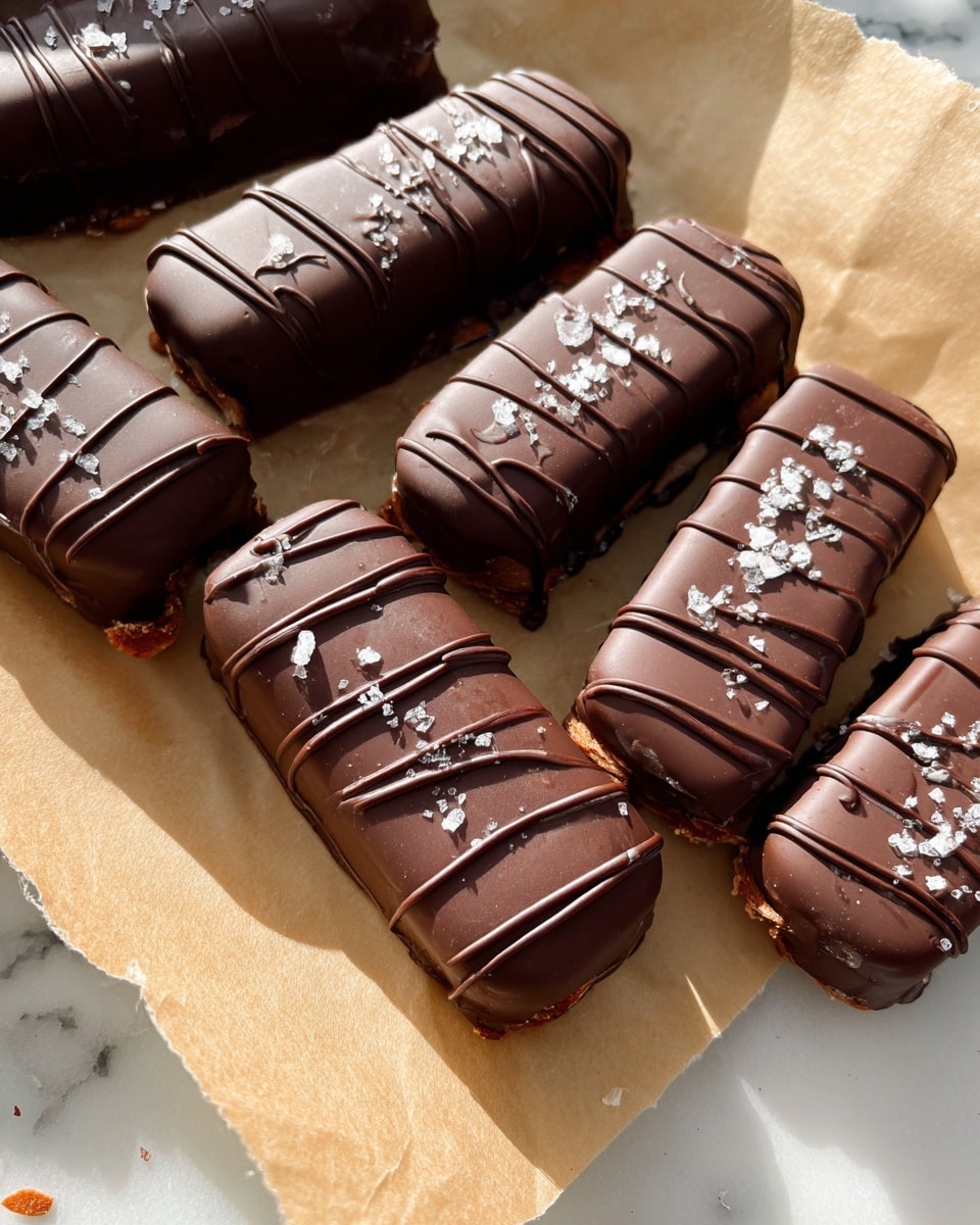The image shows five rectangular chocolate bars placed close together on light brown parchment paper over a white marbled surface. Each bar is fully covered in smooth, dark chocolate with thin dark chocolate drizzle lines running horizontally across the top. Small flakes of sea salt are scattered on top of the chocolate bars, adding texture and a light contrast. The edges of the bars are rounded, and a few chopped almond pieces are seen near some bars, hinting at the filling inside. Bright sunlight creates soft shadows and highlights the glossy surface of the chocolate. Photo taken with an iphone --ar 4:5 --v 7