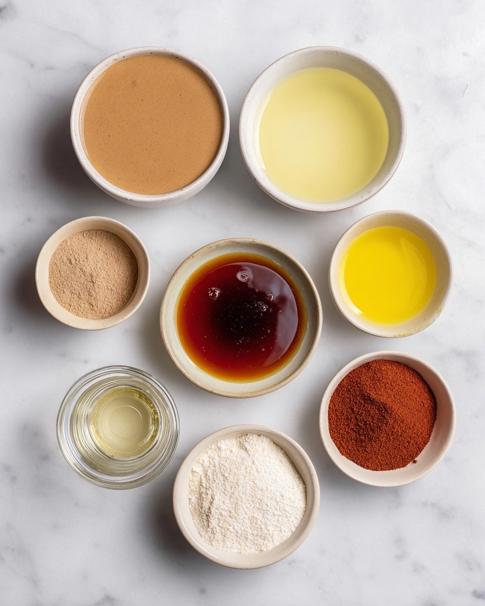 The image shows seven small white bowls and one small clear glass cup arranged on a white marbled surface. Starting from the top left, there is a bowl with a light brown smooth sauce. To its right is a bowl with a pale yellow liquid. Below, at the center, a bowl contains a dark amber liquid with a small bubble on top. Next to it on the right is a bowl filled with bright yellow liquid. Below these, from left to right, there is a small clear glass cup with a transparent liquid, a bowl with light brown powder, a bowl with bright reddish-brown powder, and finally a bowl filled with fine white powder. Each bowl and cup shows a clear texture or liquid color distinct from the others. Photo taken with an iphone --ar 4:5 --v 7