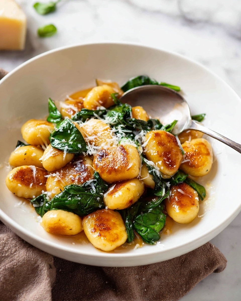 A white shallow bowl holds a dish with about two main layers: the first layer is golden brown pan-fried gnocchi pieces that are shiny and slightly crisp on the surface, arranged across the plate. Interspersed on top and around the gnocchi are dark green wilted spinach leaves adding a fresh texture. Small sprinkles of grated white cheese lightly cover parts of the gnocchi and spinach, giving a delicate finishing touch. The background shows a white marbled surface with a soft brown cloth and a silver spoon resting in the bowl partially hidden behind the food. Photo taken with an iphone --ar 4:5 --v 7