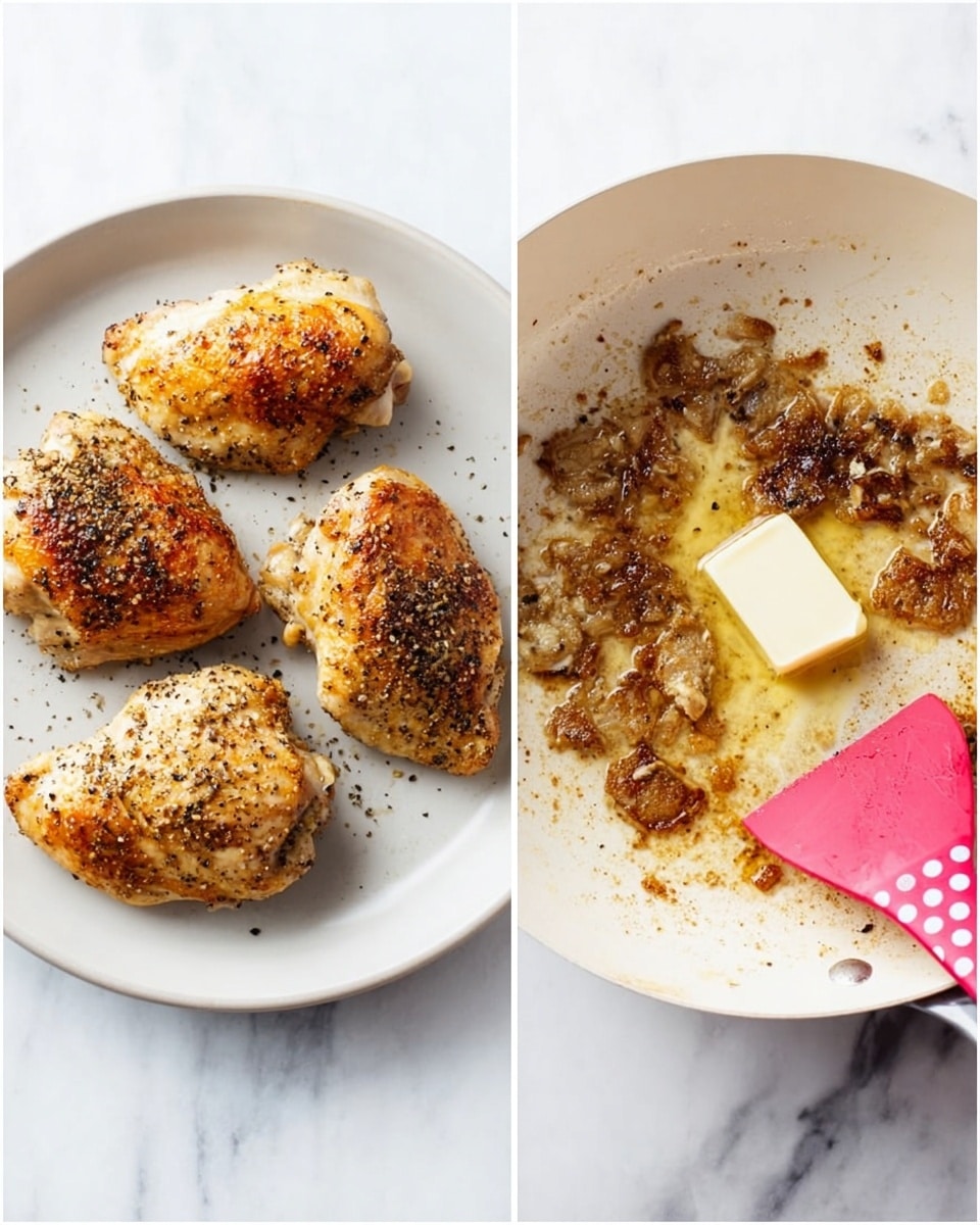 On the left, four golden brown cooked chicken pieces with a crispy texture and specks of black pepper are placed on a round white plate. The plate sits on a white marbled surface. On the right, a close-up of a white pan shows browned bits stuck on the bottom with a small square of butter melting in the center. A bright pink spatula with white polka dots is resting on the edge of the pan. The pan also sits on a white marbled surface. photo taken with an iphone --ar 4:5 --v 7