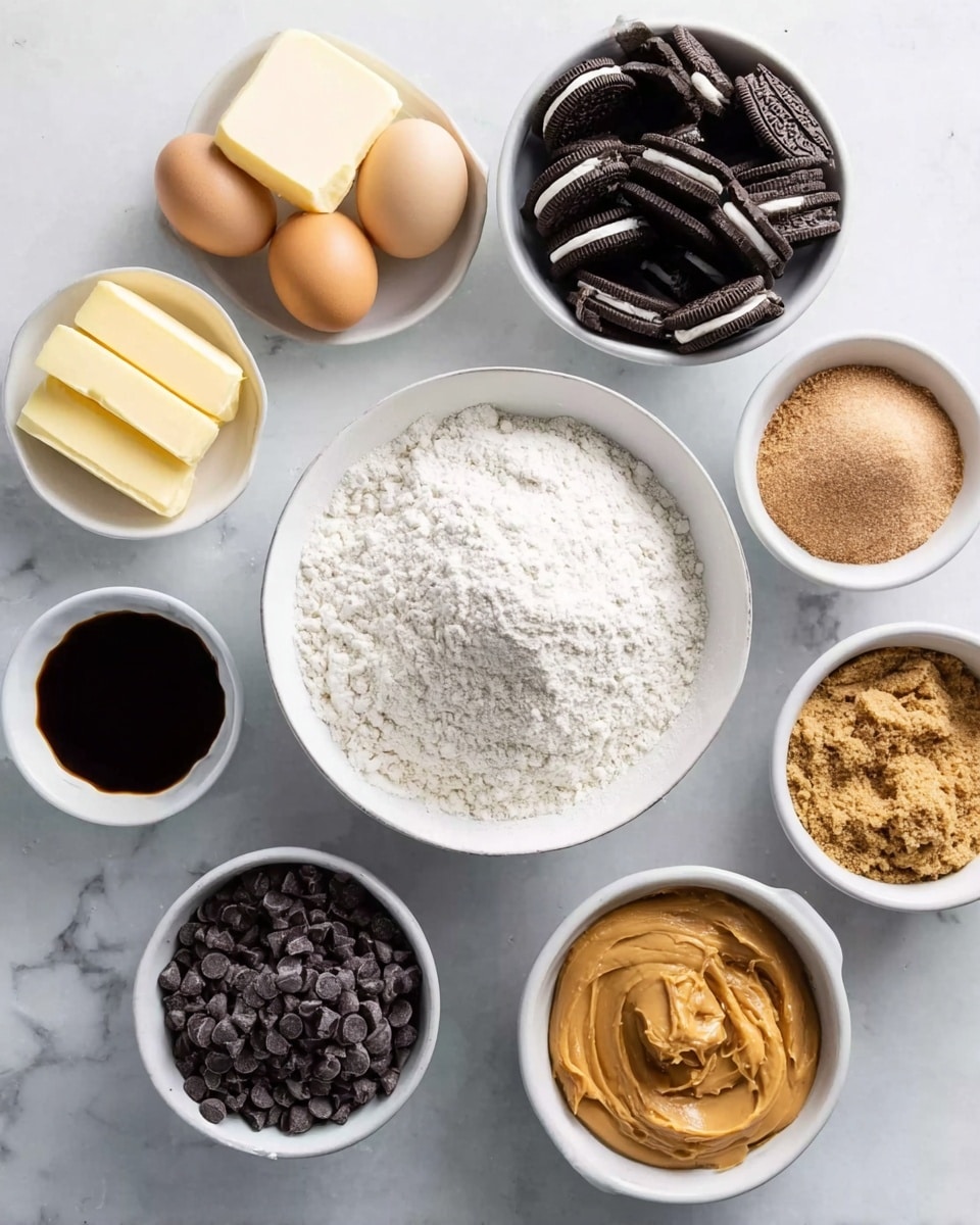 The image shows a white bowl in the center filled with white flour, placed on a white marbled surface. To the left are two yellow eggs, two sticks of pale yellow butter, and a small white bowl with dark brown vanilla extract. Above the flour bowl is another white bowl full of pieces of black and white chocolate sandwich cookies. To the right of the cookies, a white bowl holds light and dark brown sugar mixed together. Next to the sugar is a small white bowl filled with light brown peanut butter. Below the peanut butter, a white bowl contains dark brown chocolate chips. The setup looks like ingredients ready for baking. Photo taken with an iphone --ar 4:5 --v 7